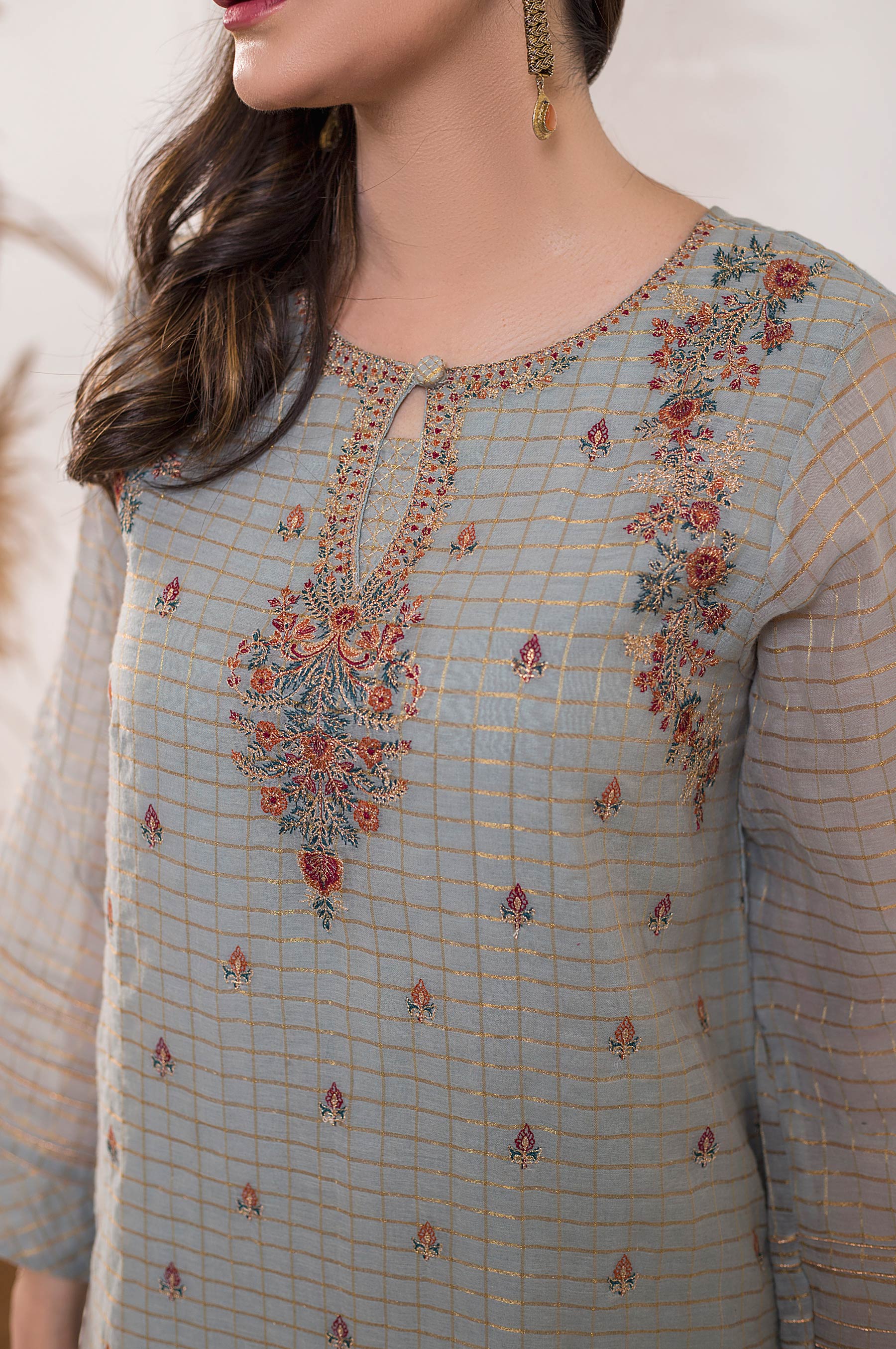 Stitched 1 Piece Zari Check Embroidered Shirt - Image 3