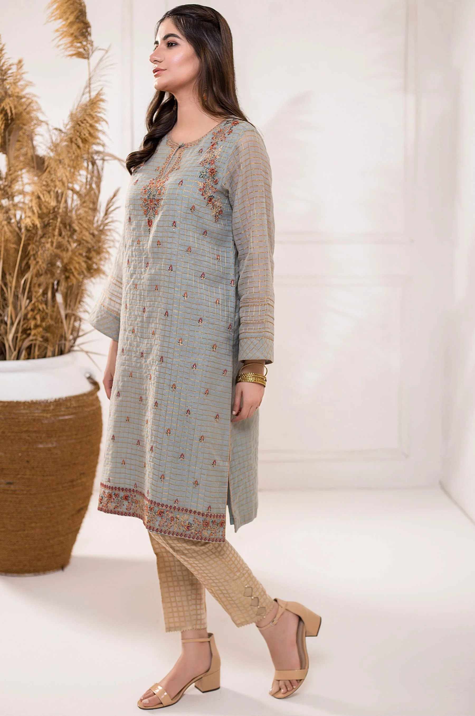 Stitched 1 Piece Zari Check Embroidered Shirt - Image 4