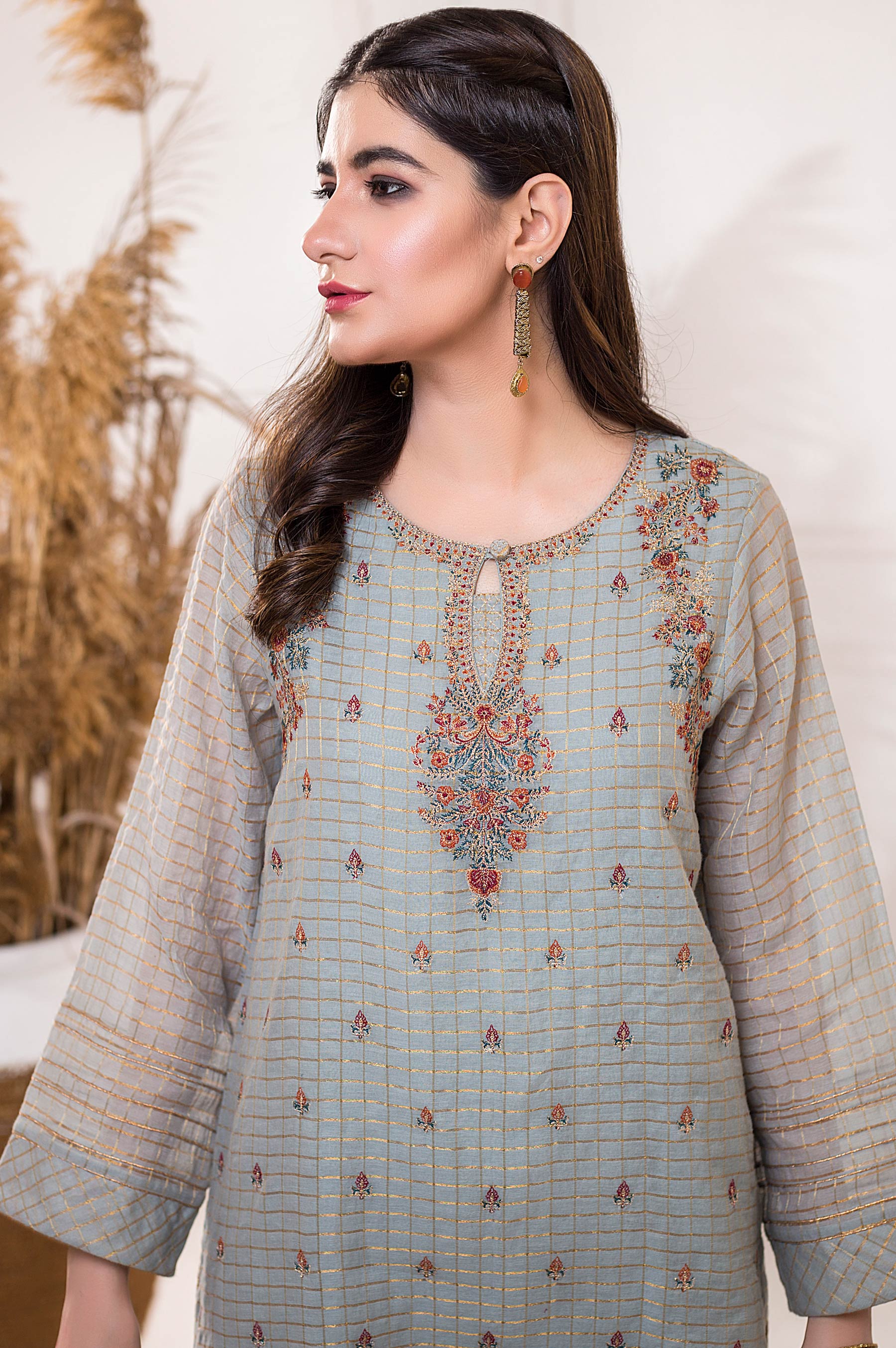 Stitched 1 Piece Zari Check Embroidered Shirt - Image 5