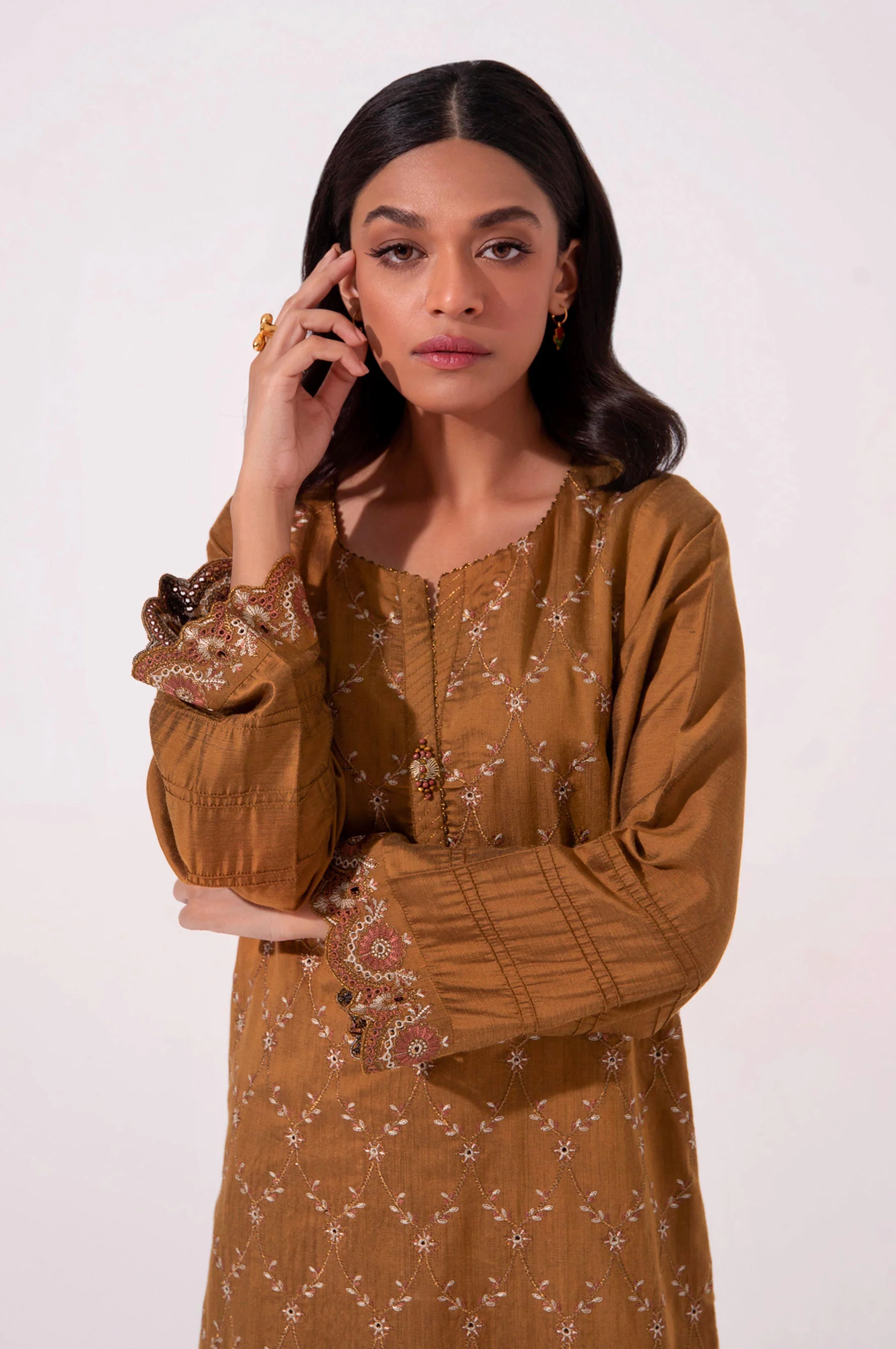 Stitched 1 Piece Embroidered Cotton Silk Shirt - Image 3