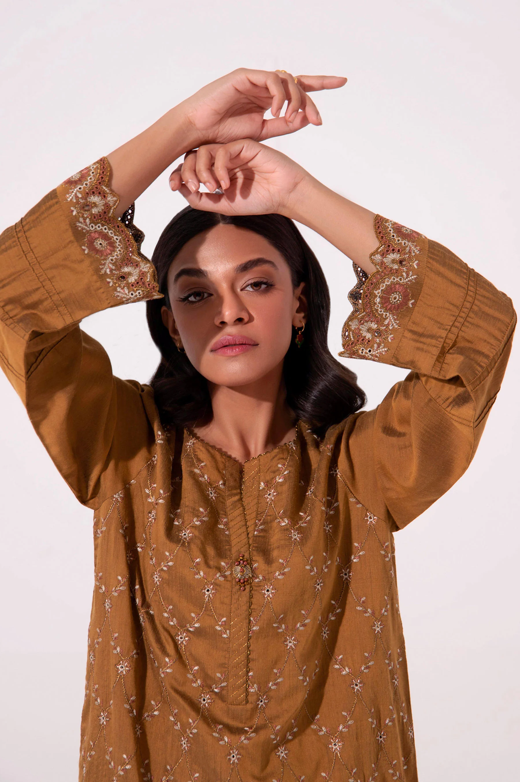 Stitched 1 Piece Embroidered Cotton Silk Shirt - Image 5