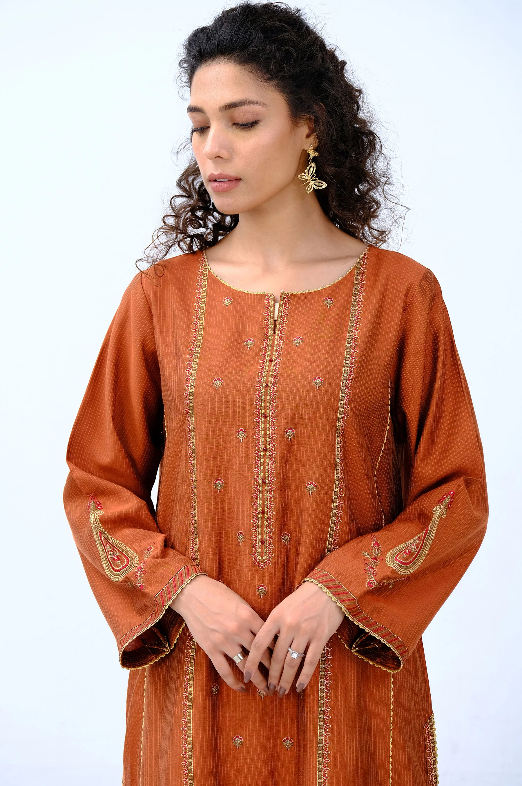 Stitched 1 Piece Cotton Silk Embroidered Shirt - Image 3