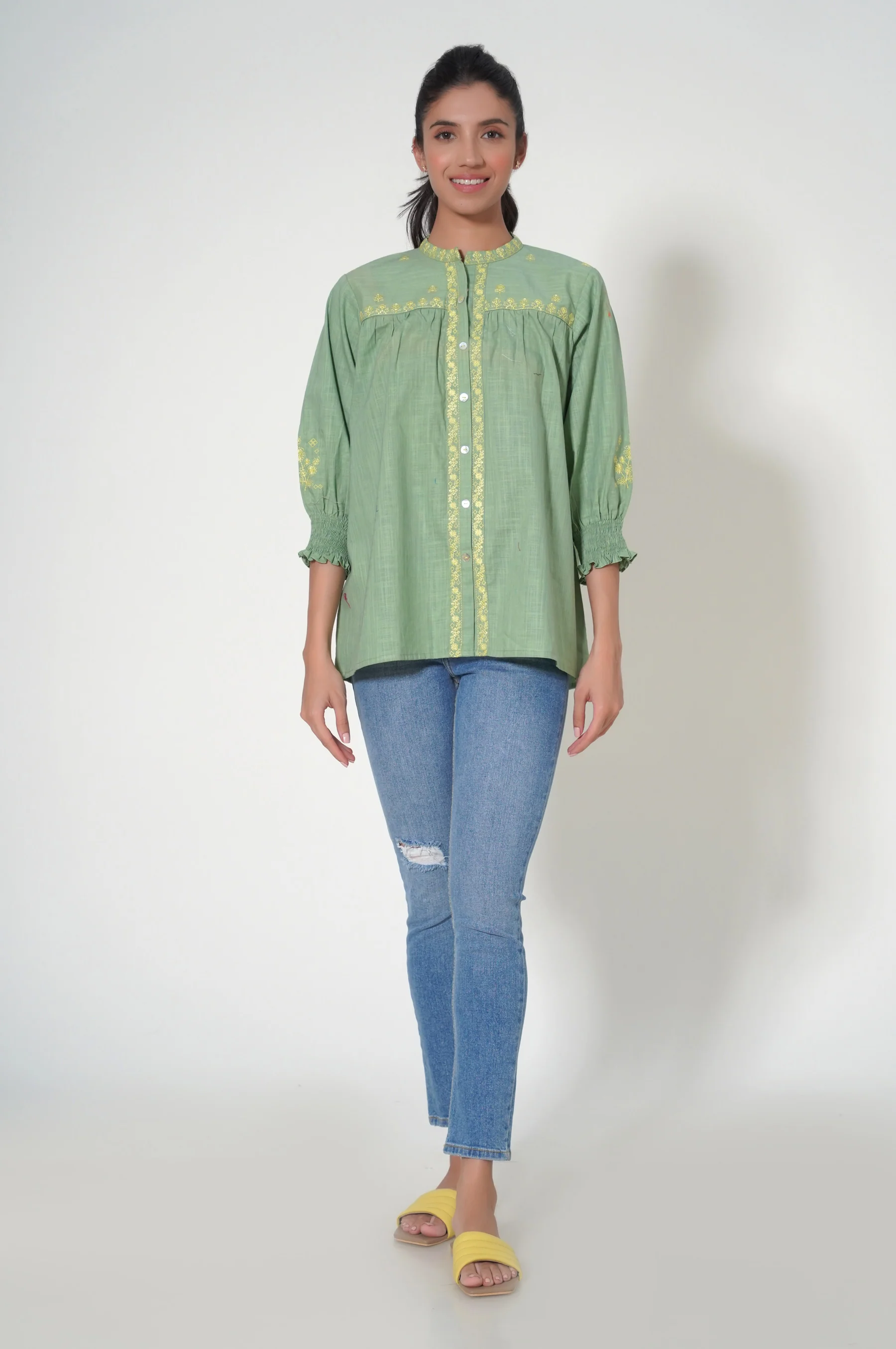 Stitched 1 Piece Cotton Slub Fusion Top - Image 2