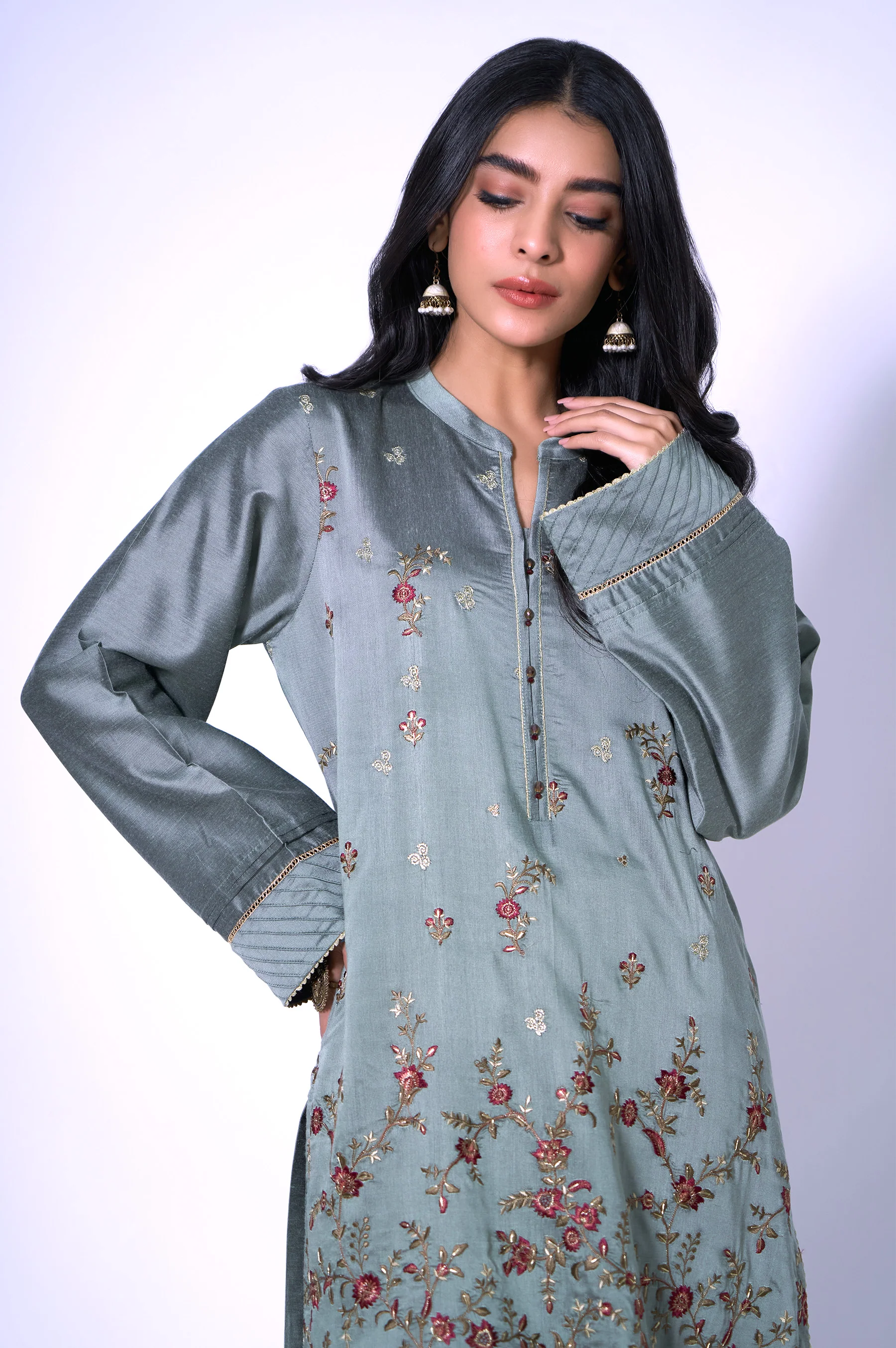 Stitched 1 Piece Cotton Silk Embroidered Shirt - Image 2