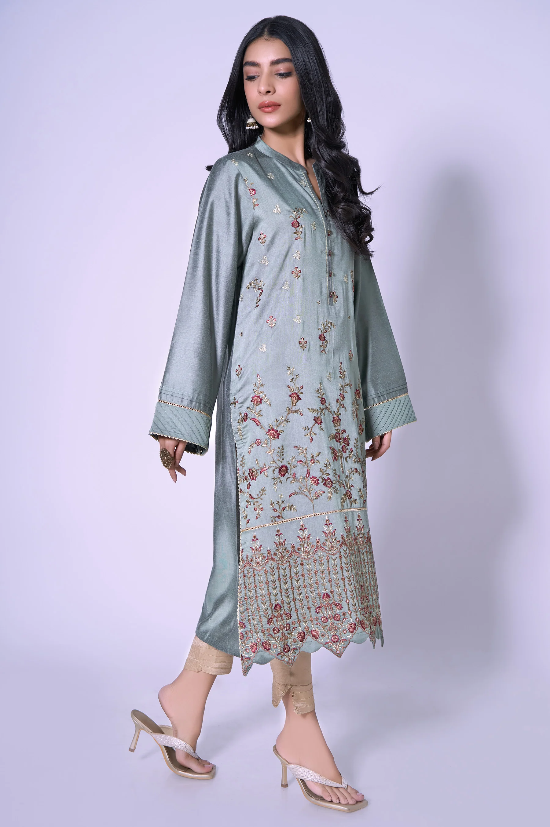 Stitched 1 Piece Cotton Silk Embroidered Shirt - Image 3