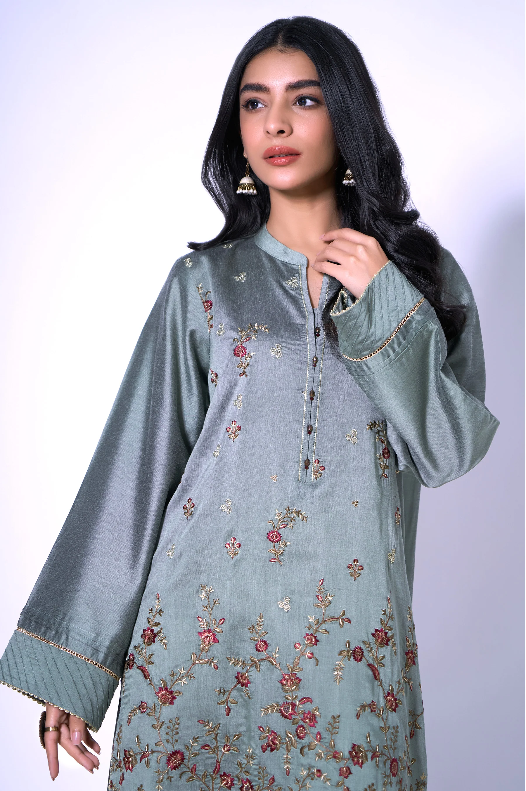 Stitched 1 Piece Cotton Silk Embroidered Shirt - Image 4