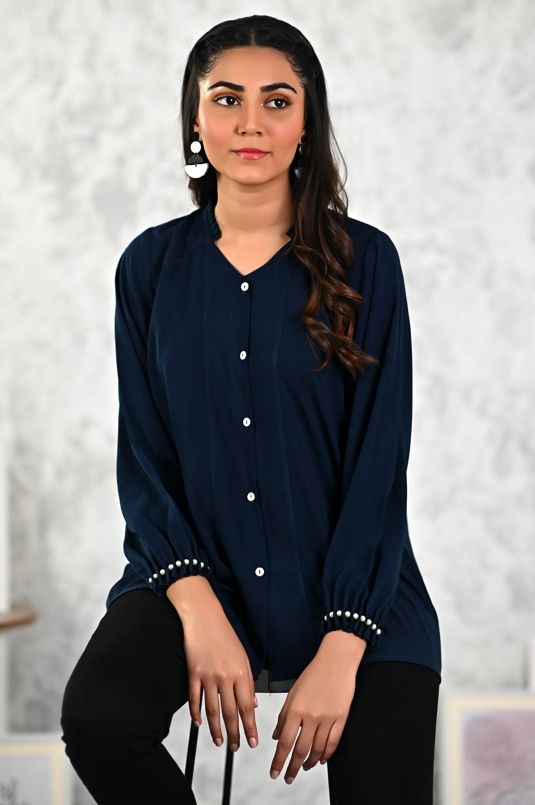 Stitched 1 Piece Embellished Crepe Shirt - Image 3