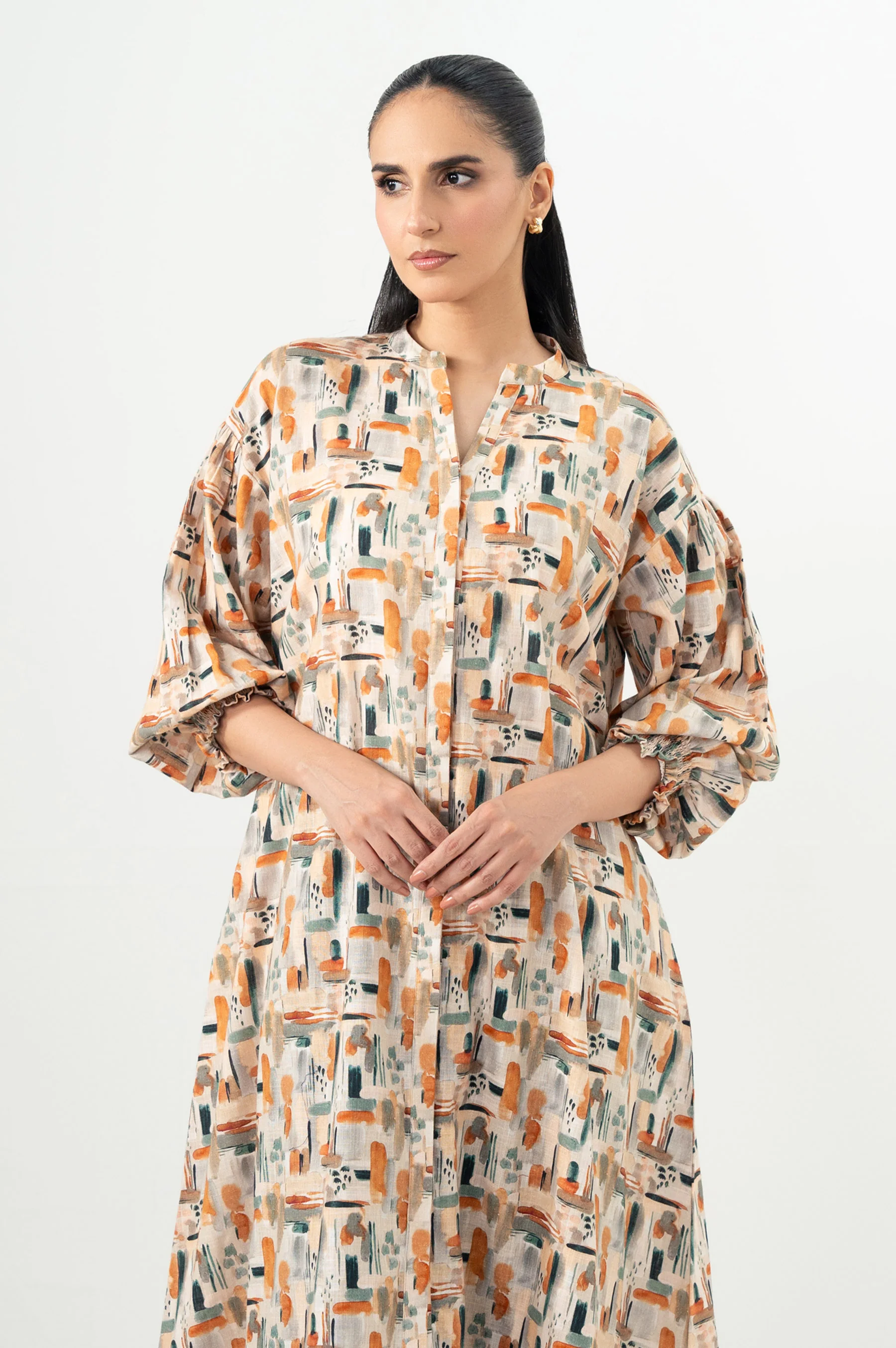 Stitched 1 Piece Digital Printed Stylized Cross Hatch Khaddar Long Dress - Image 2