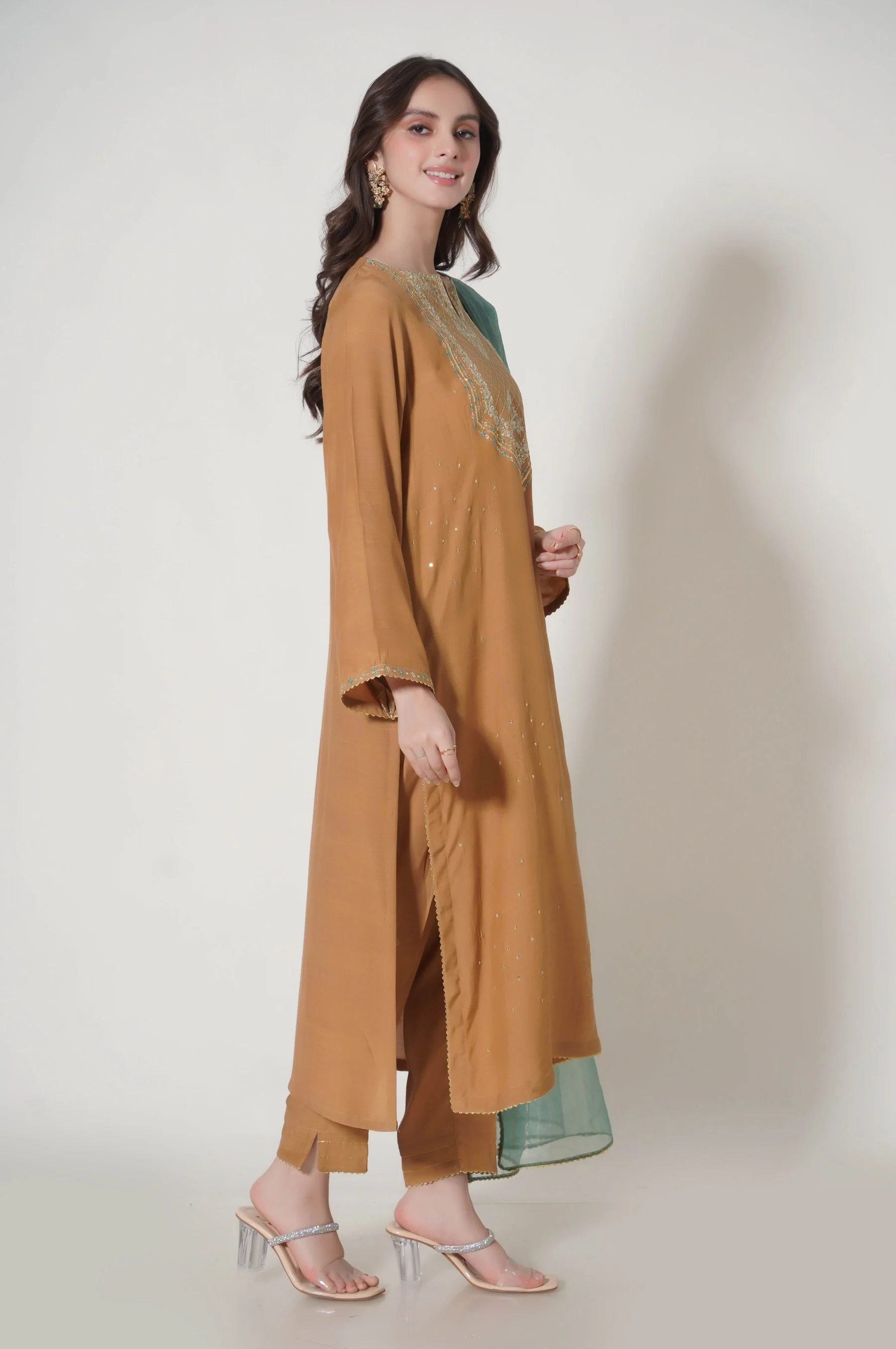 Stitched 3 Piece Embroidered Raw Silk Outfit - Image 4