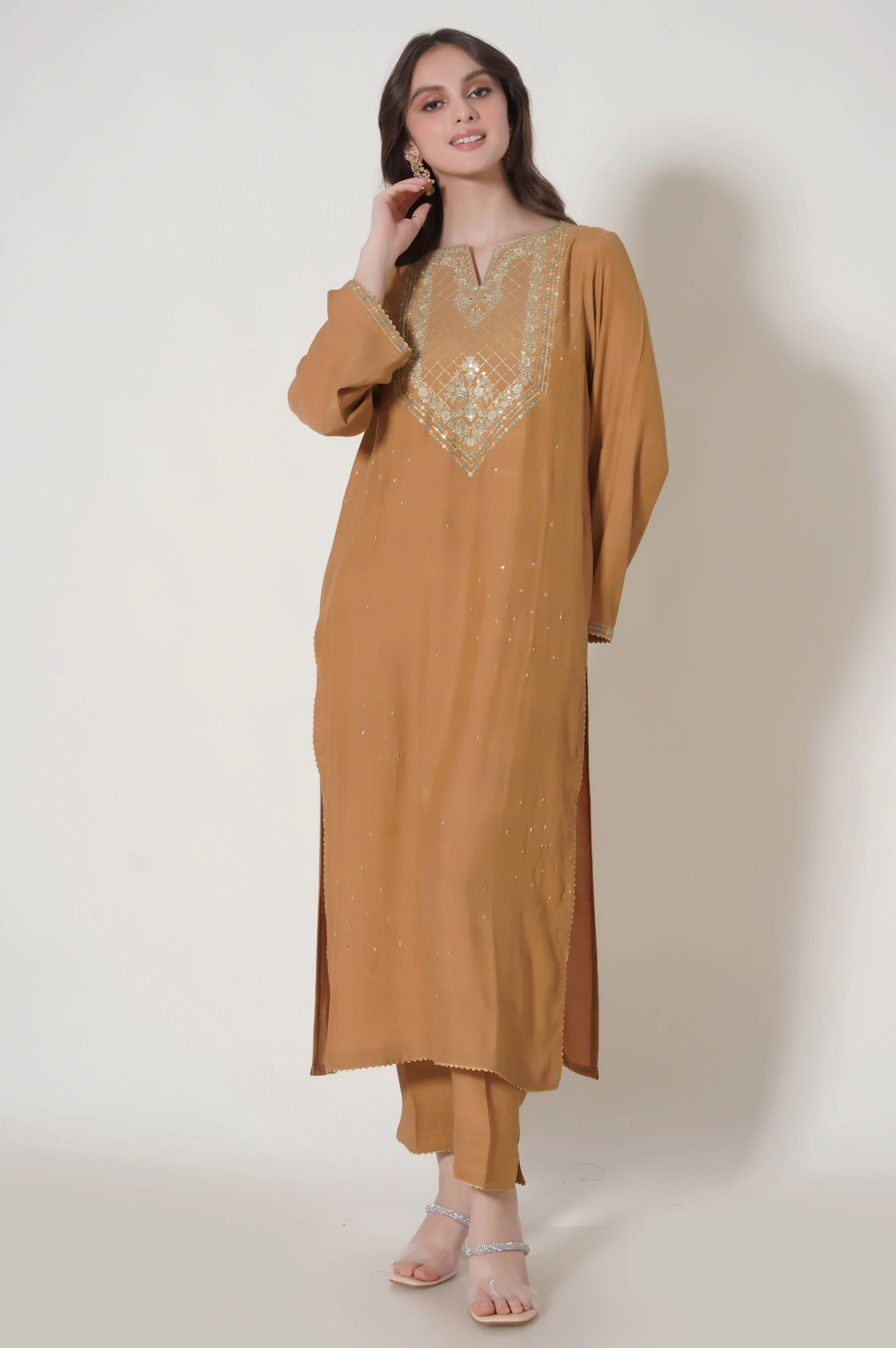 Stitched 3 Piece Embroidered Raw Silk Outfit - Image 6