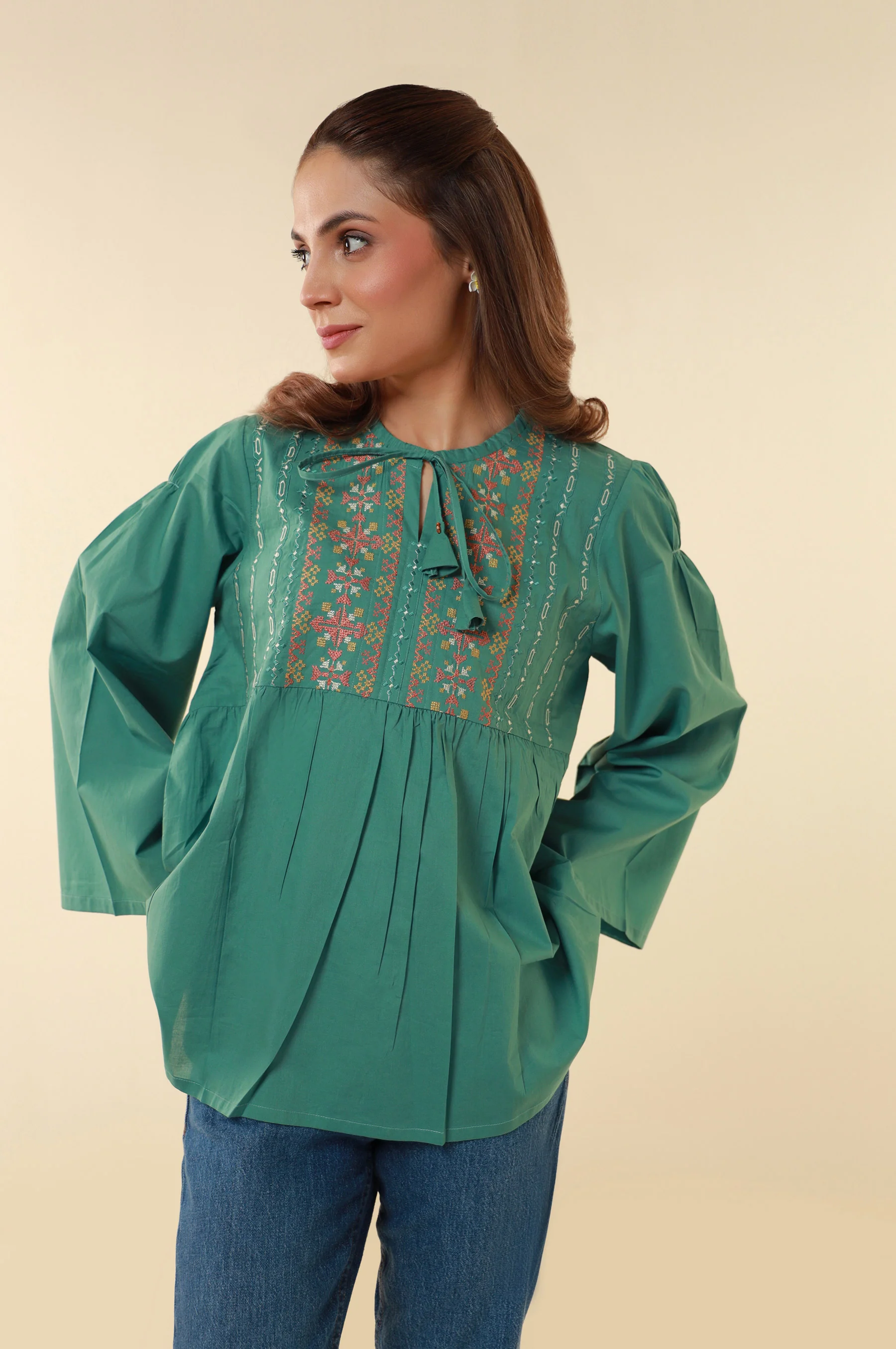 Stitched 1 Piece Embroidered Cambric Fusion Top