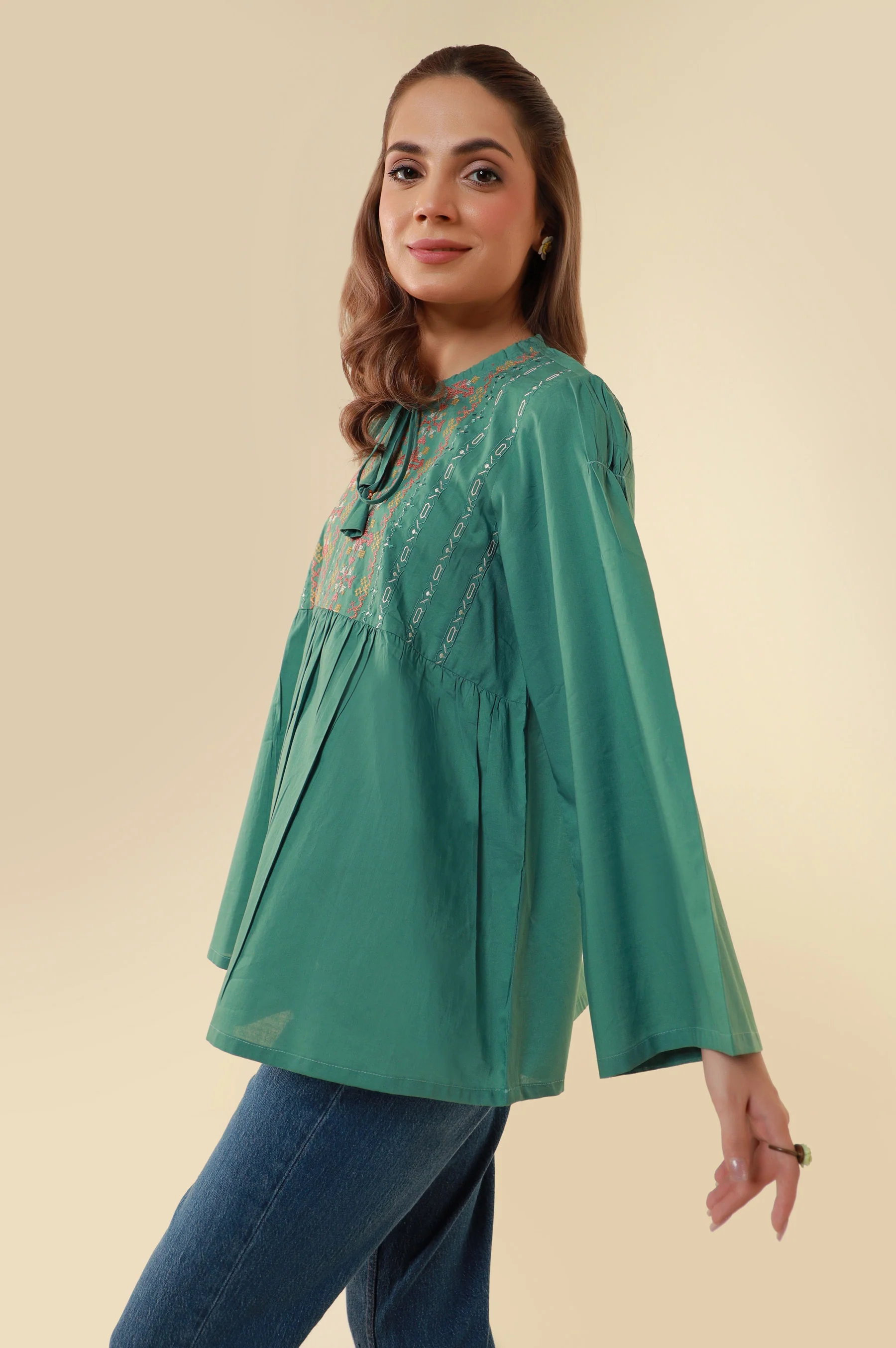Stitched 1 Piece Embroidered Cambric Fusion Top - Image 5