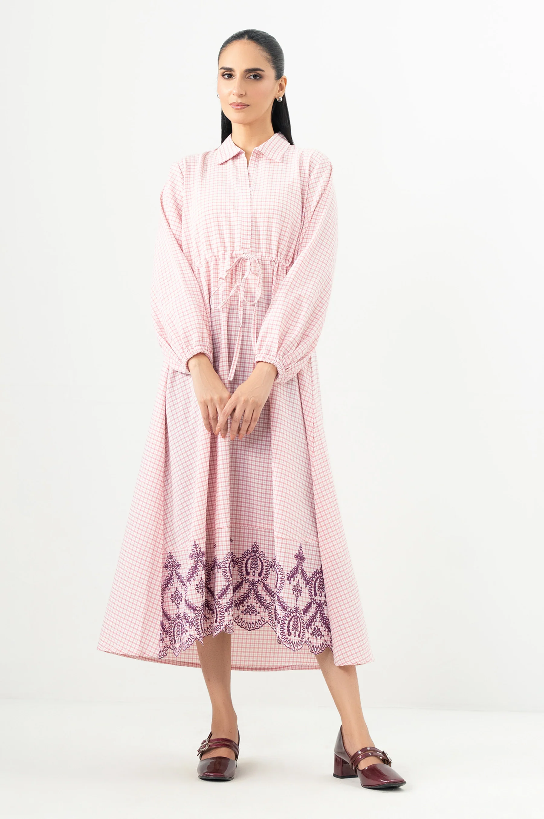 Stitched 1 Piece Yarn Dyed Checks Embroidered Long Dress - Image 4