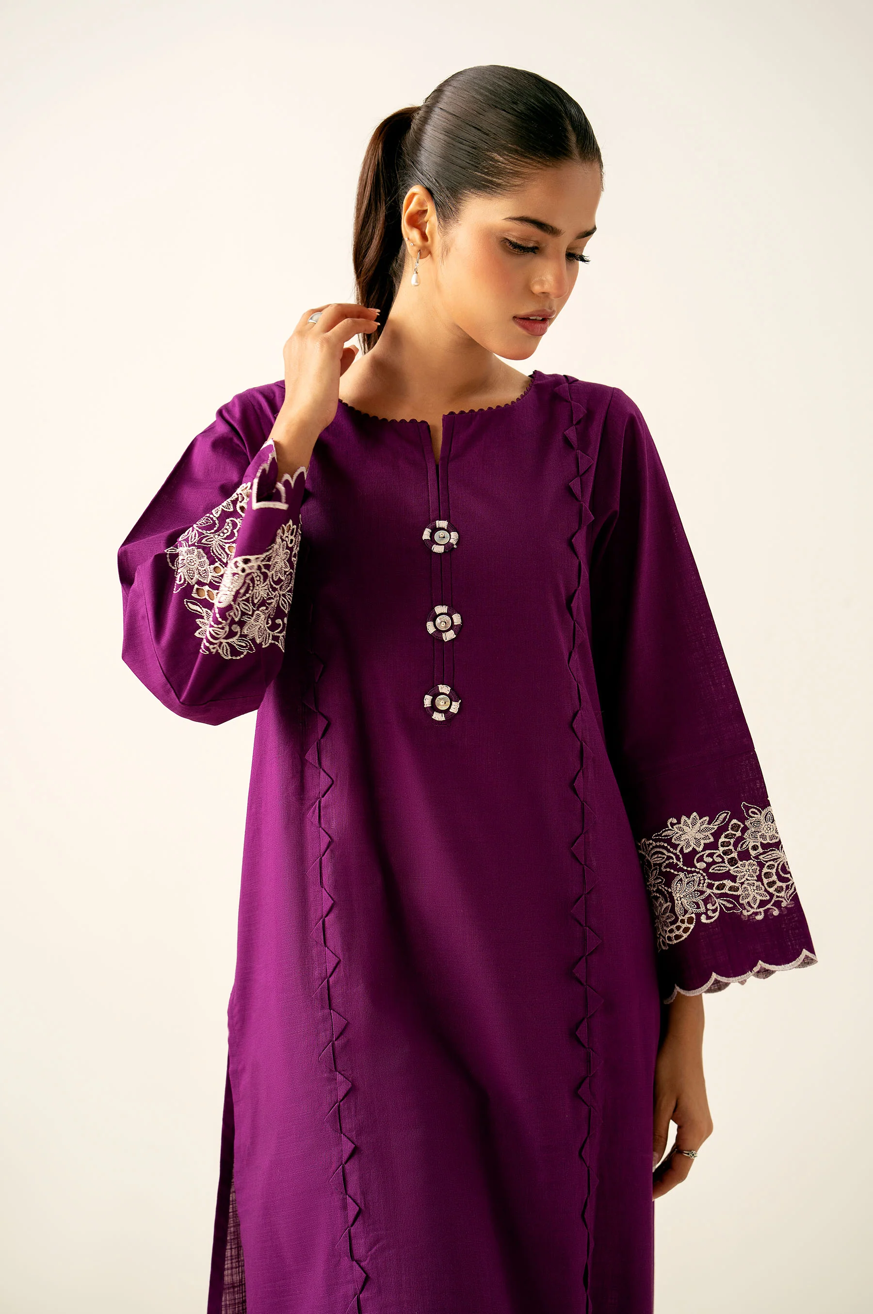 Stitched 1 Piece Embroidered Cotton Slub Shirt - Image 2