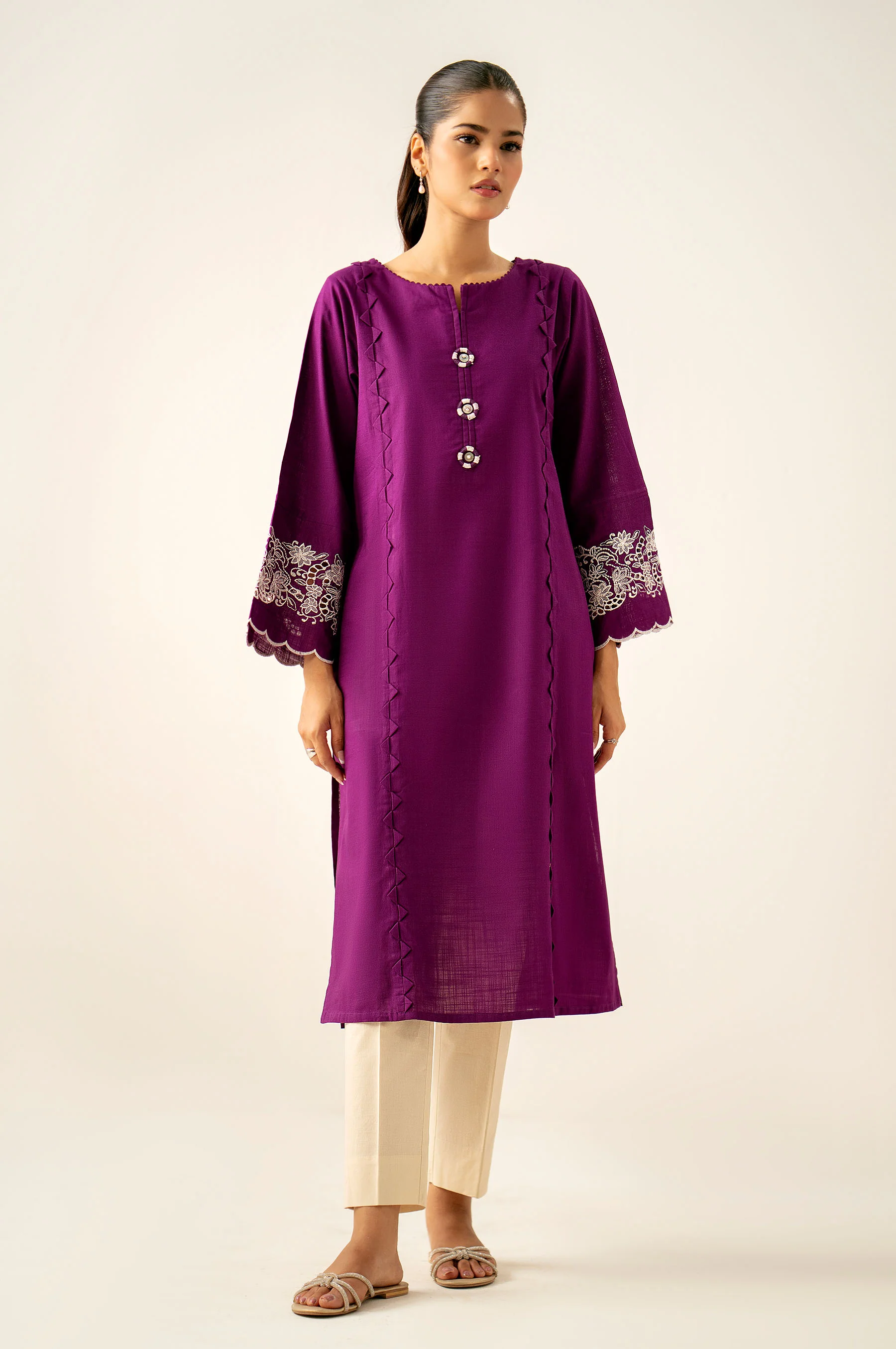 Stitched 1 Piece Embroidered Cotton Slub Shirt - Image 3