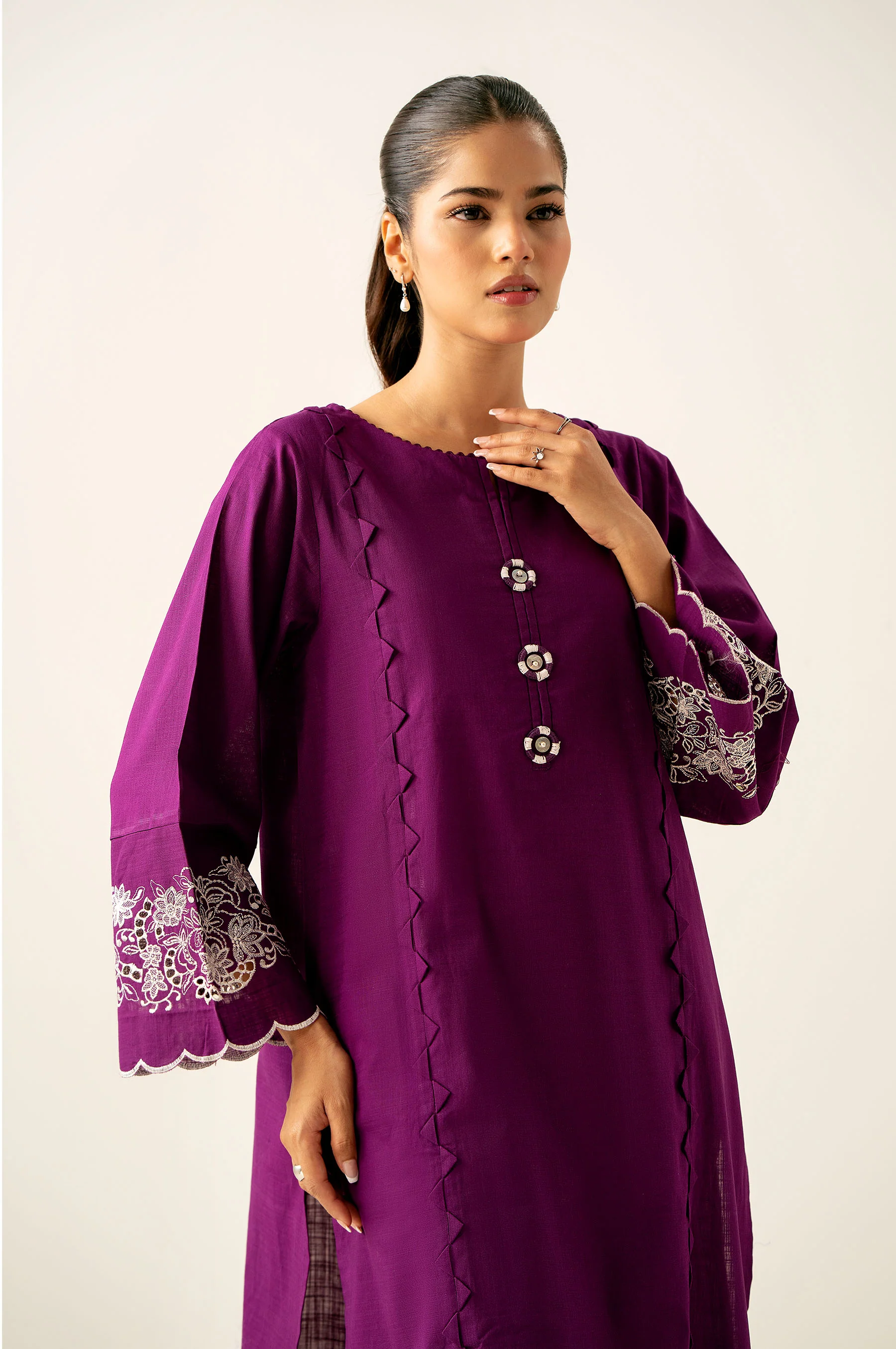 Stitched 1 Piece Embroidered Cotton Slub Shirt - Image 4