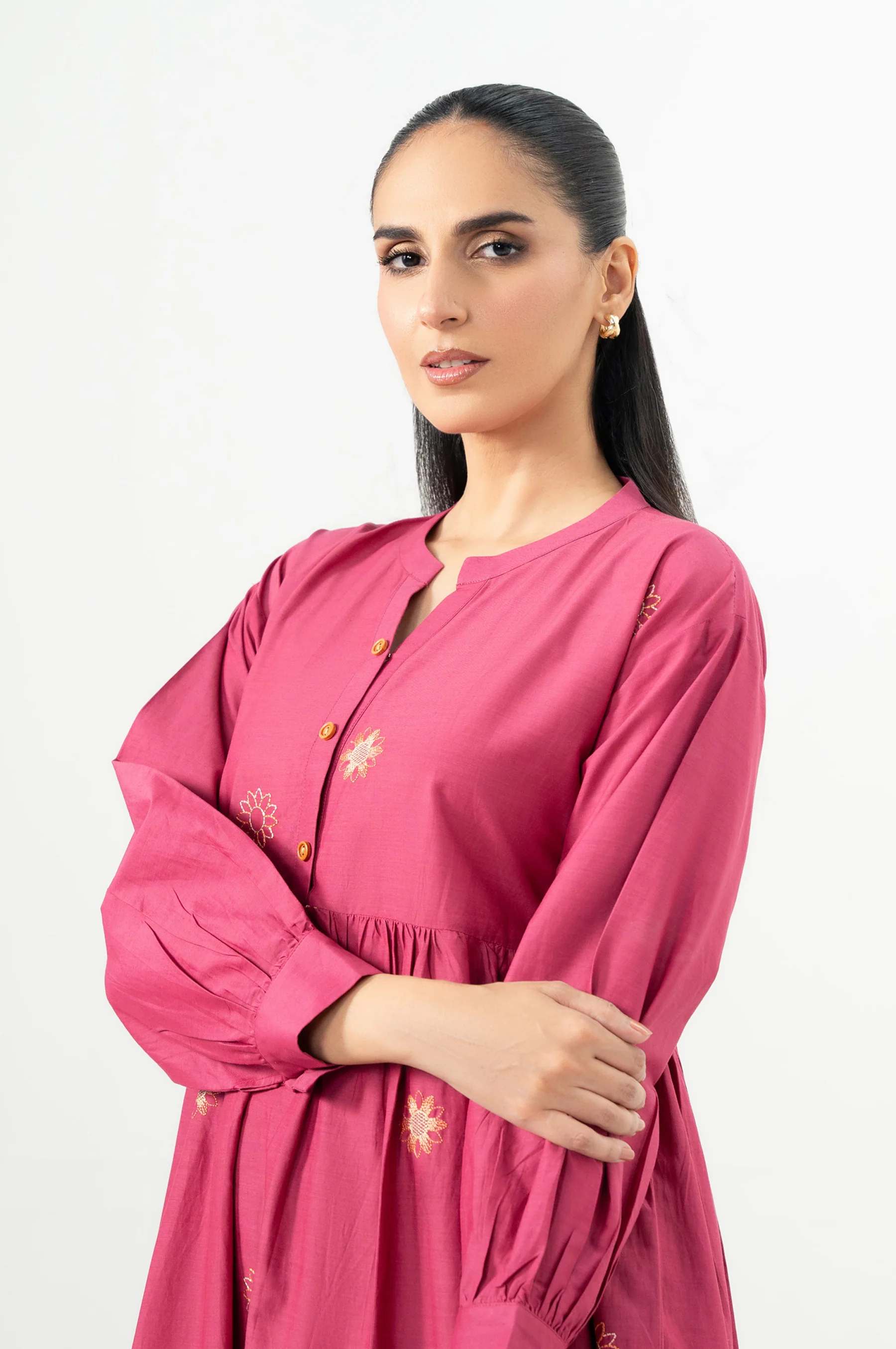 Stitched 1 Piece Embroidered Cotton Viscose Long Dress - Image 3