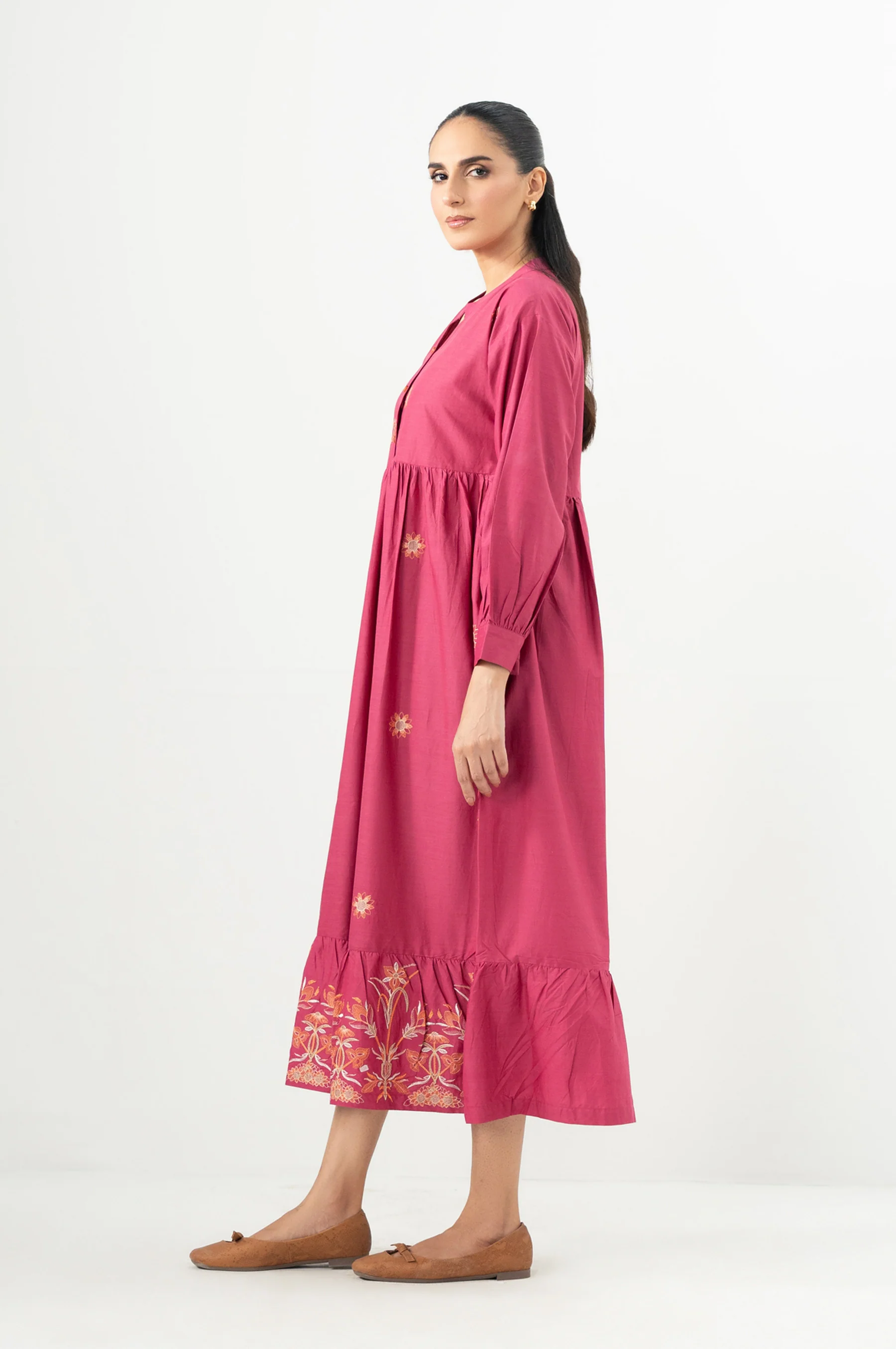 Stitched 1 Piece Embroidered Cotton Viscose Long Dress - Image 4