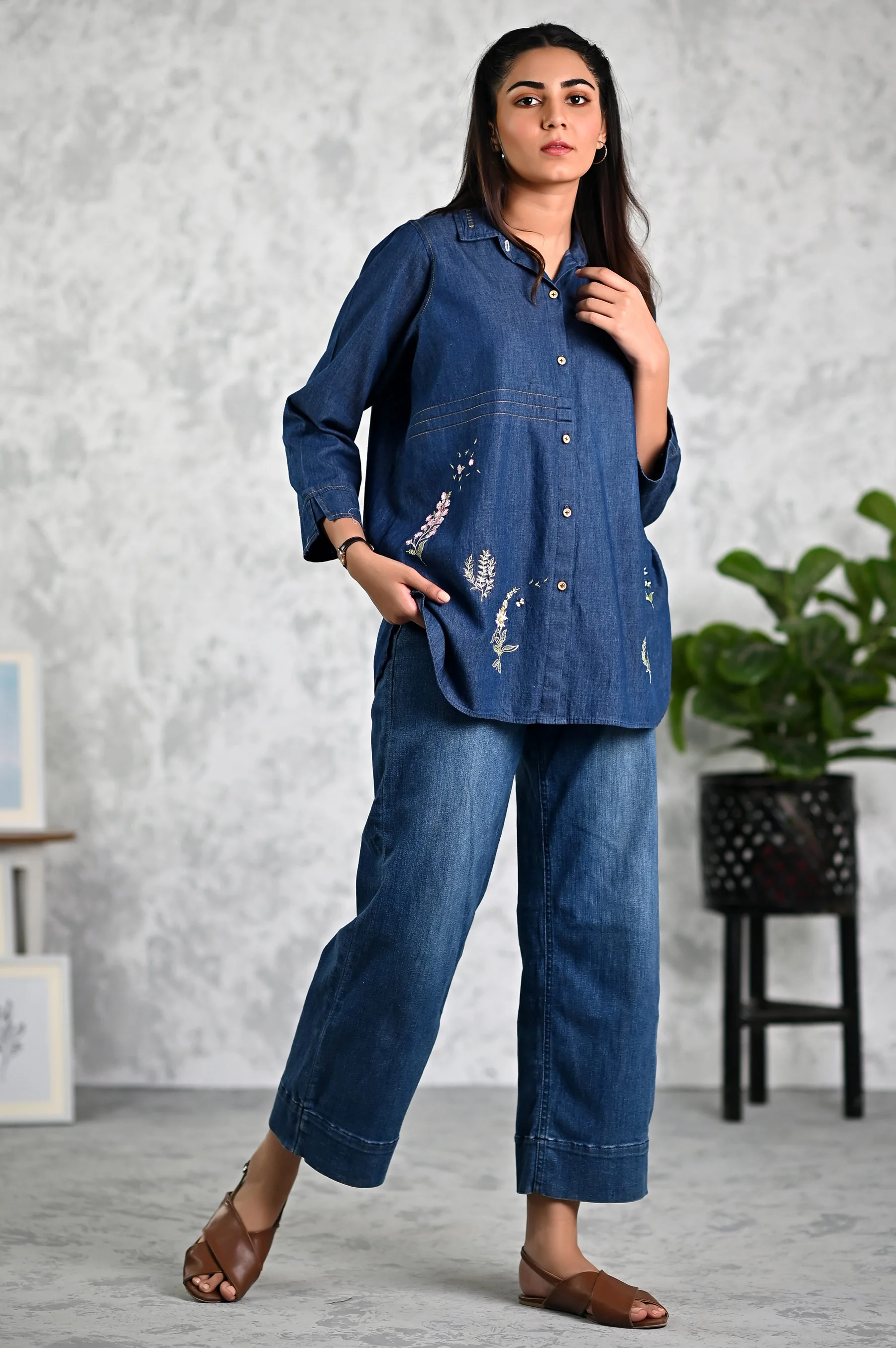 Stitched 1 Piece Embroidered Denim Top - Image 5
