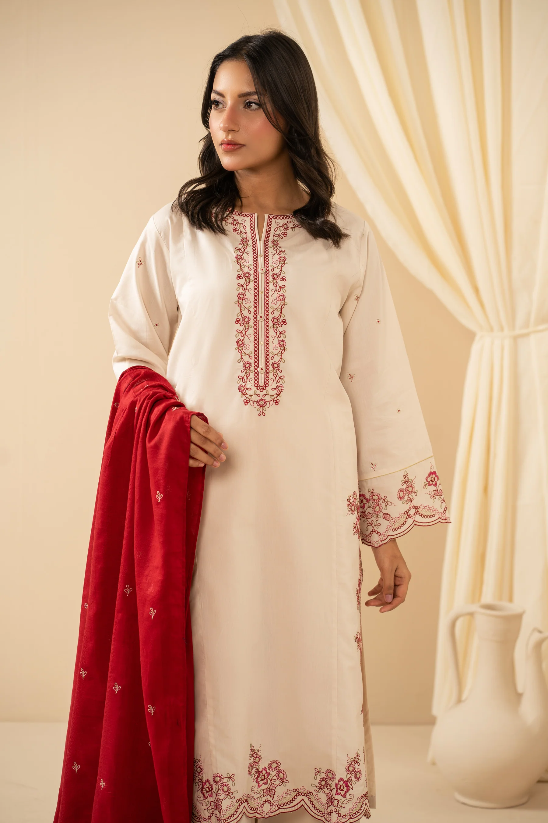 STITCHED EMBROIDERED COTTON LINEN VISCOSE SUIT - Image 4