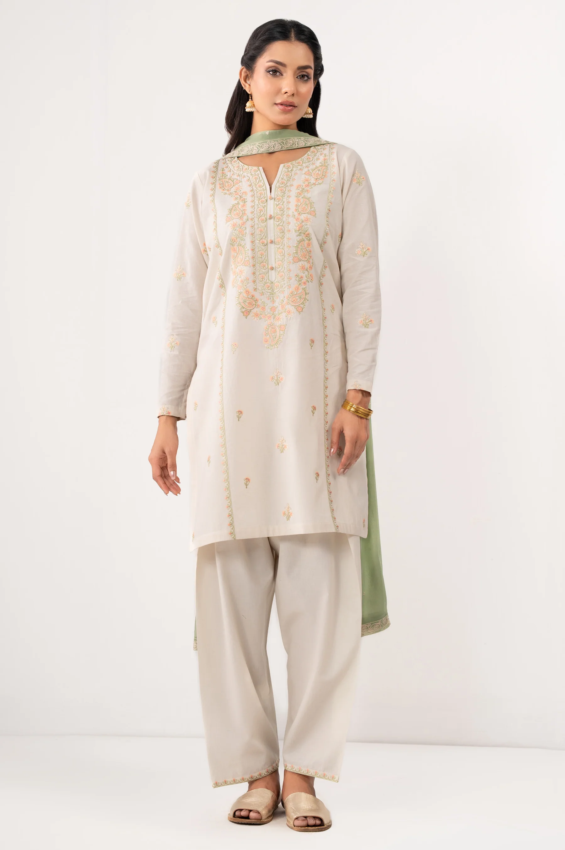 STITCHED EMBROIDERED SLUB LAWN SUIT - Image 3