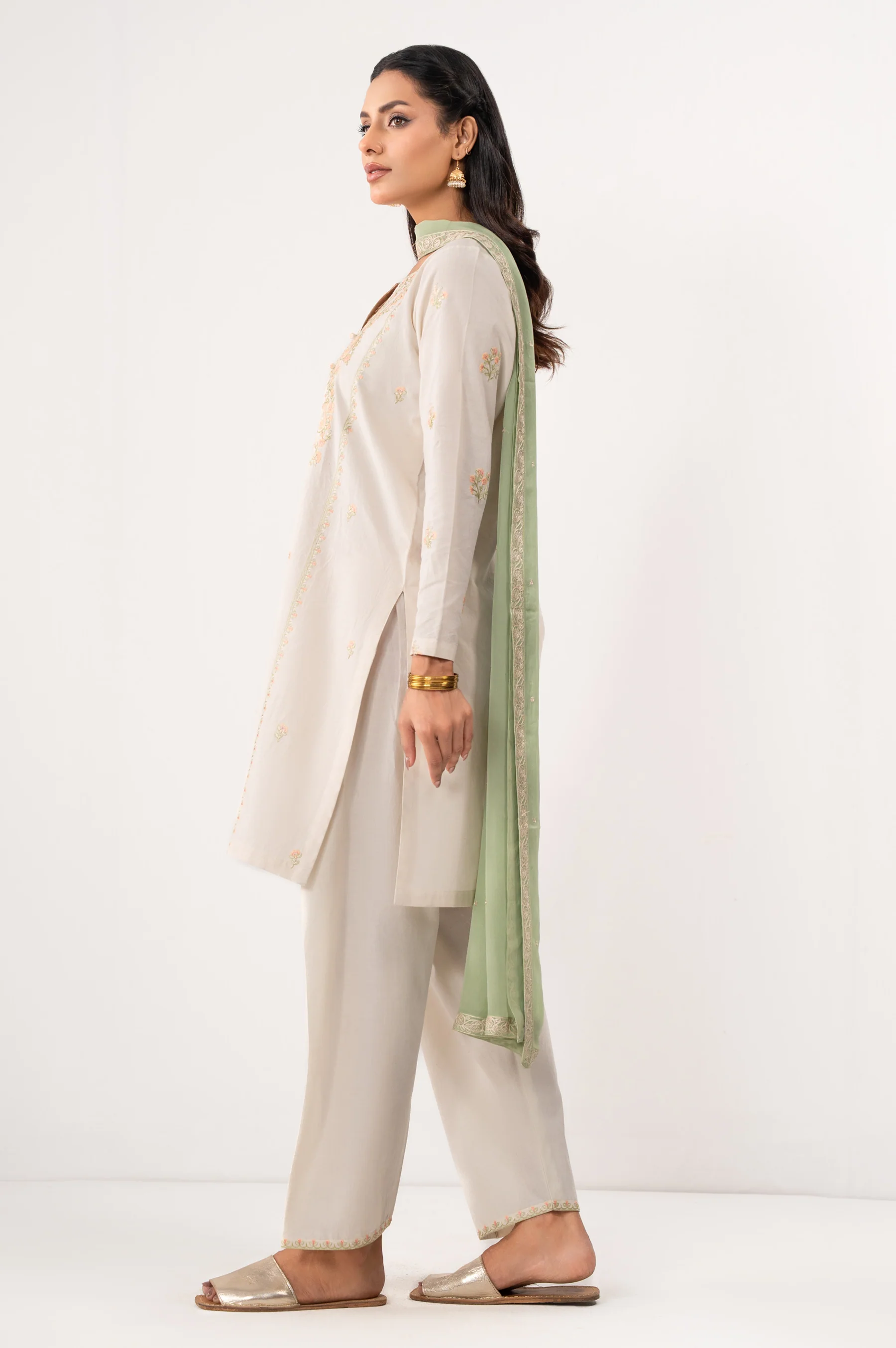 STITCHED EMBROIDERED SLUB LAWN SUIT - Image 5