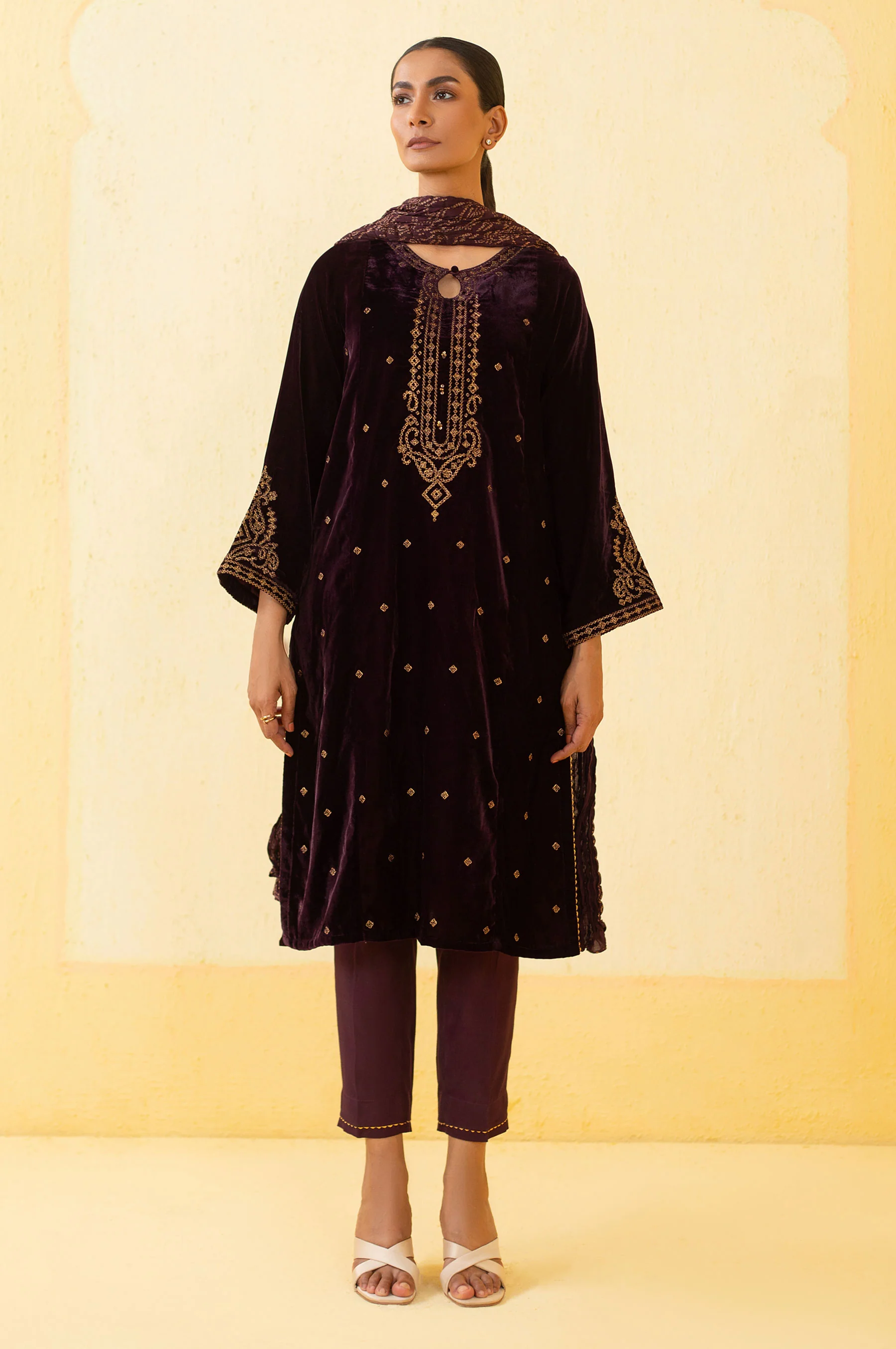 Stitched 3 Piece Embroidered Velvet Suit - Purple