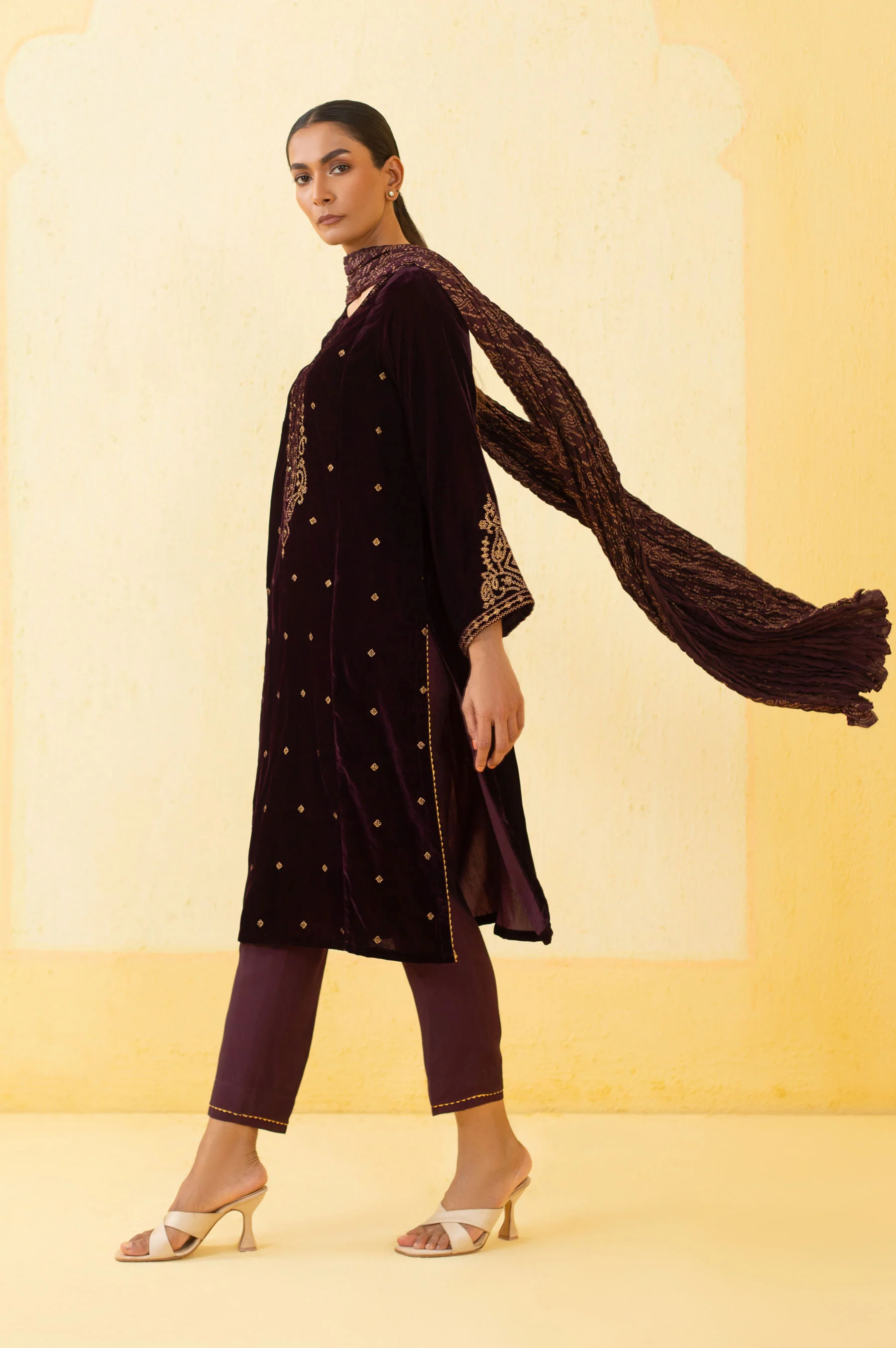 Stitched 3 Piece Embroidered Velvet Suit - Purple - Image 2