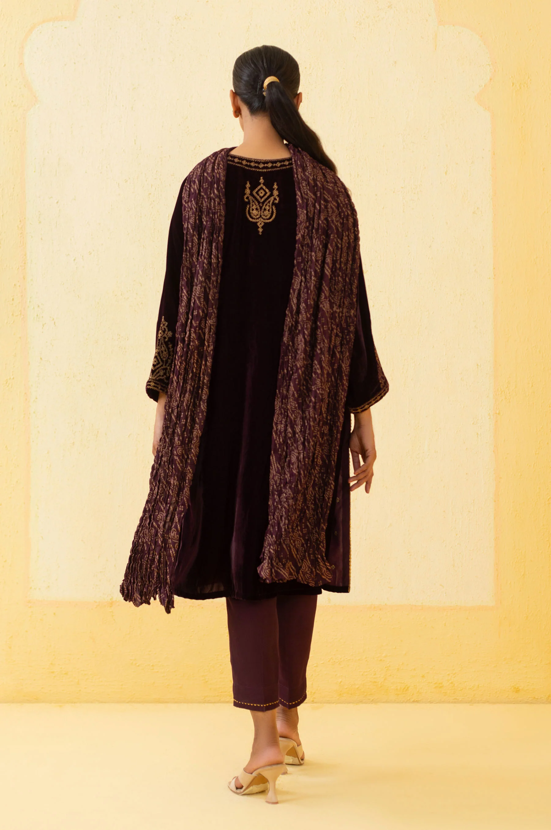 Stitched 3 Piece Embroidered Velvet Suit - Purple - Image 3
