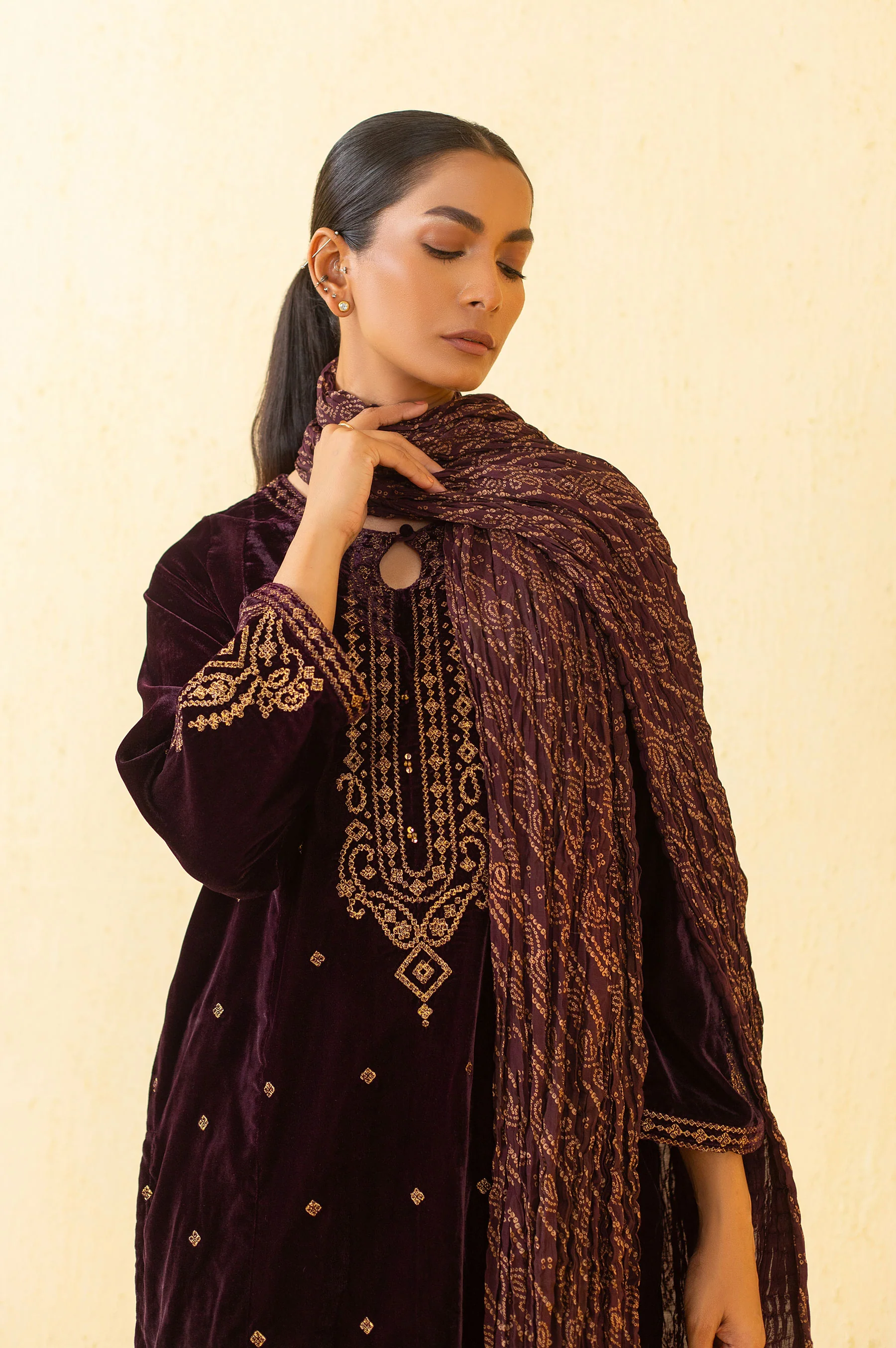 Stitched 3 Piece Embroidered Velvet Suit - Purple - Image 4