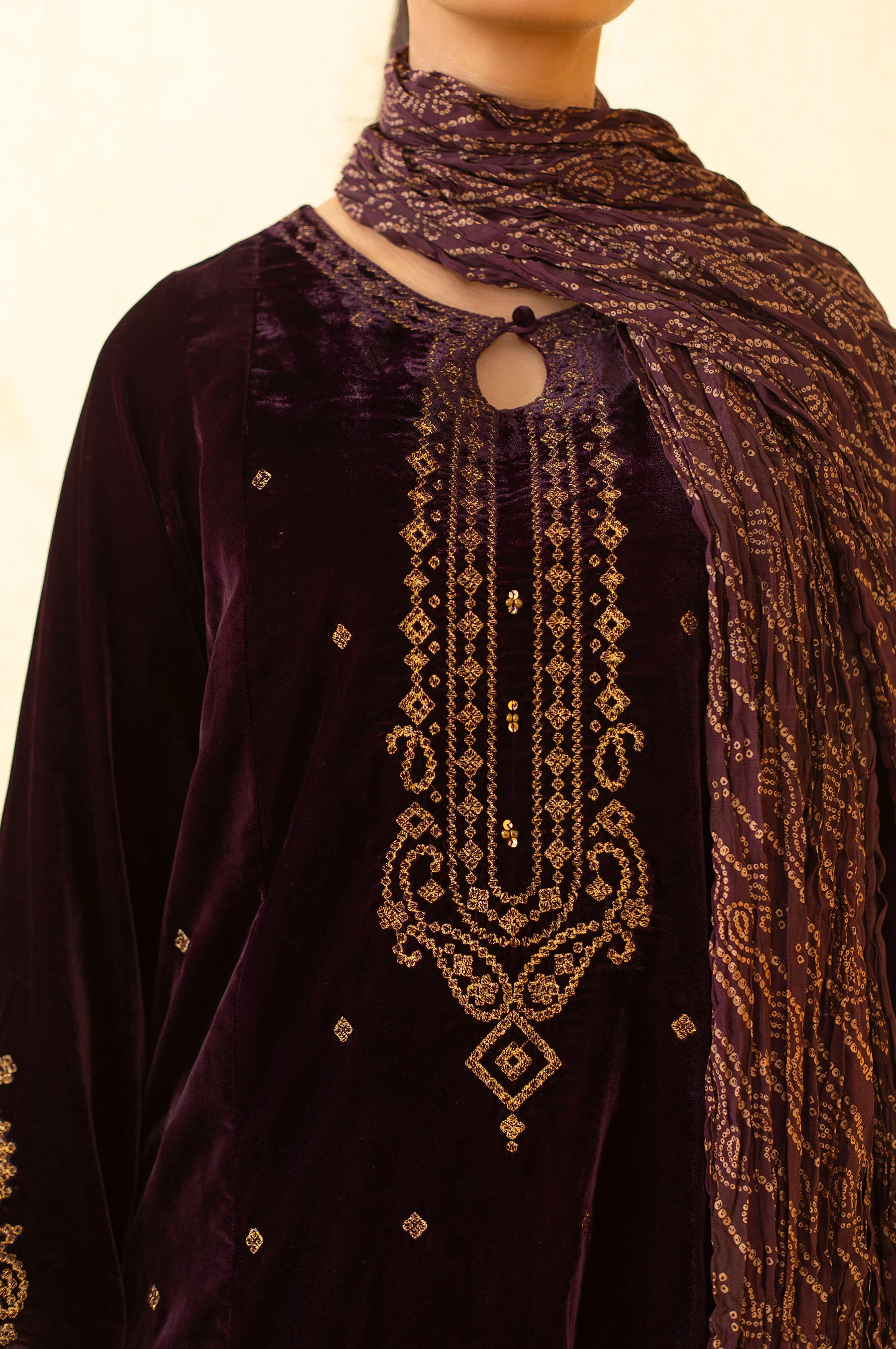 Stitched 3 Piece Embroidered Velvet Suit - Purple - Image 5