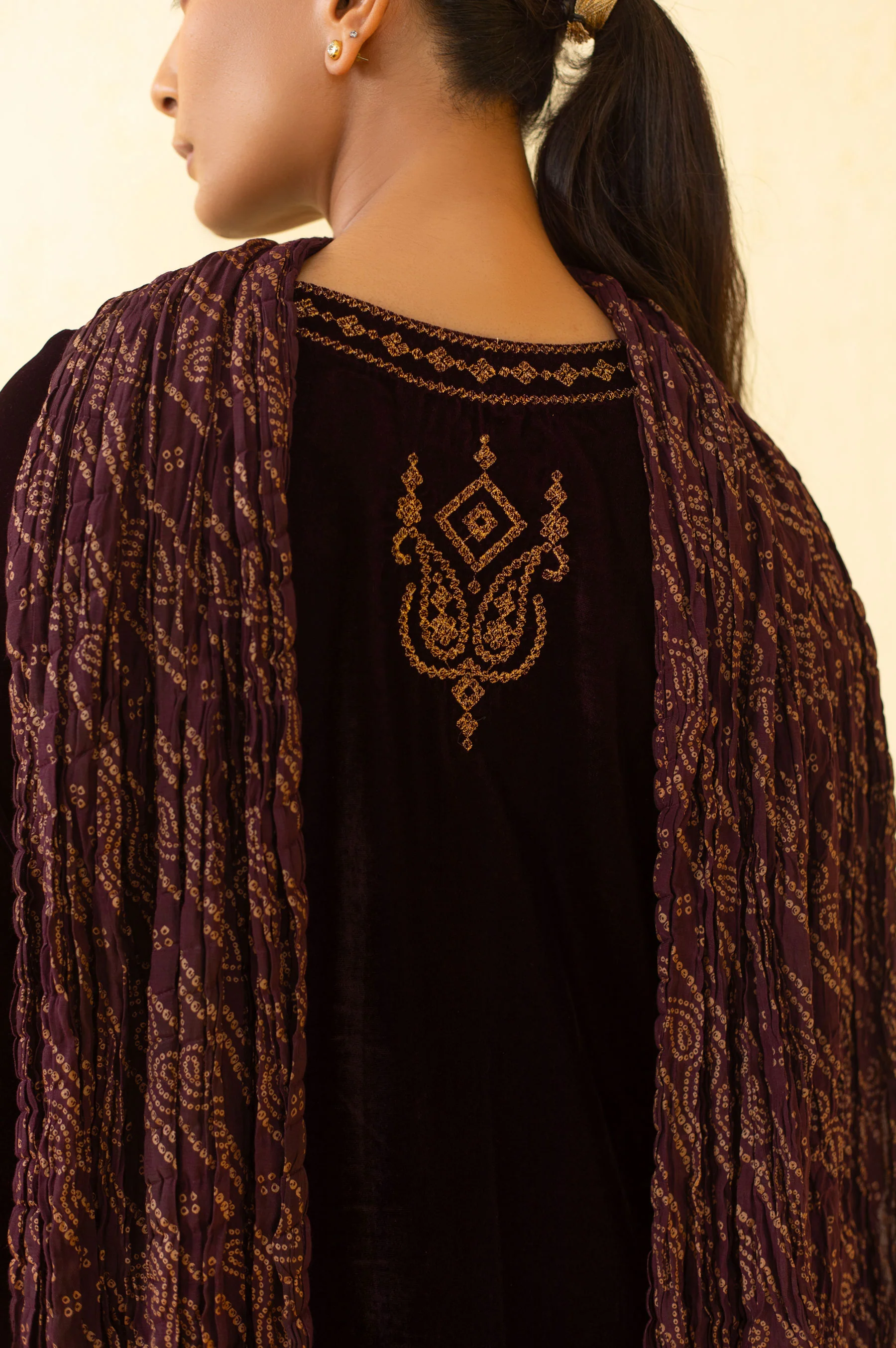 Stitched 3 Piece Embroidered Velvet Suit - Purple - Image 6