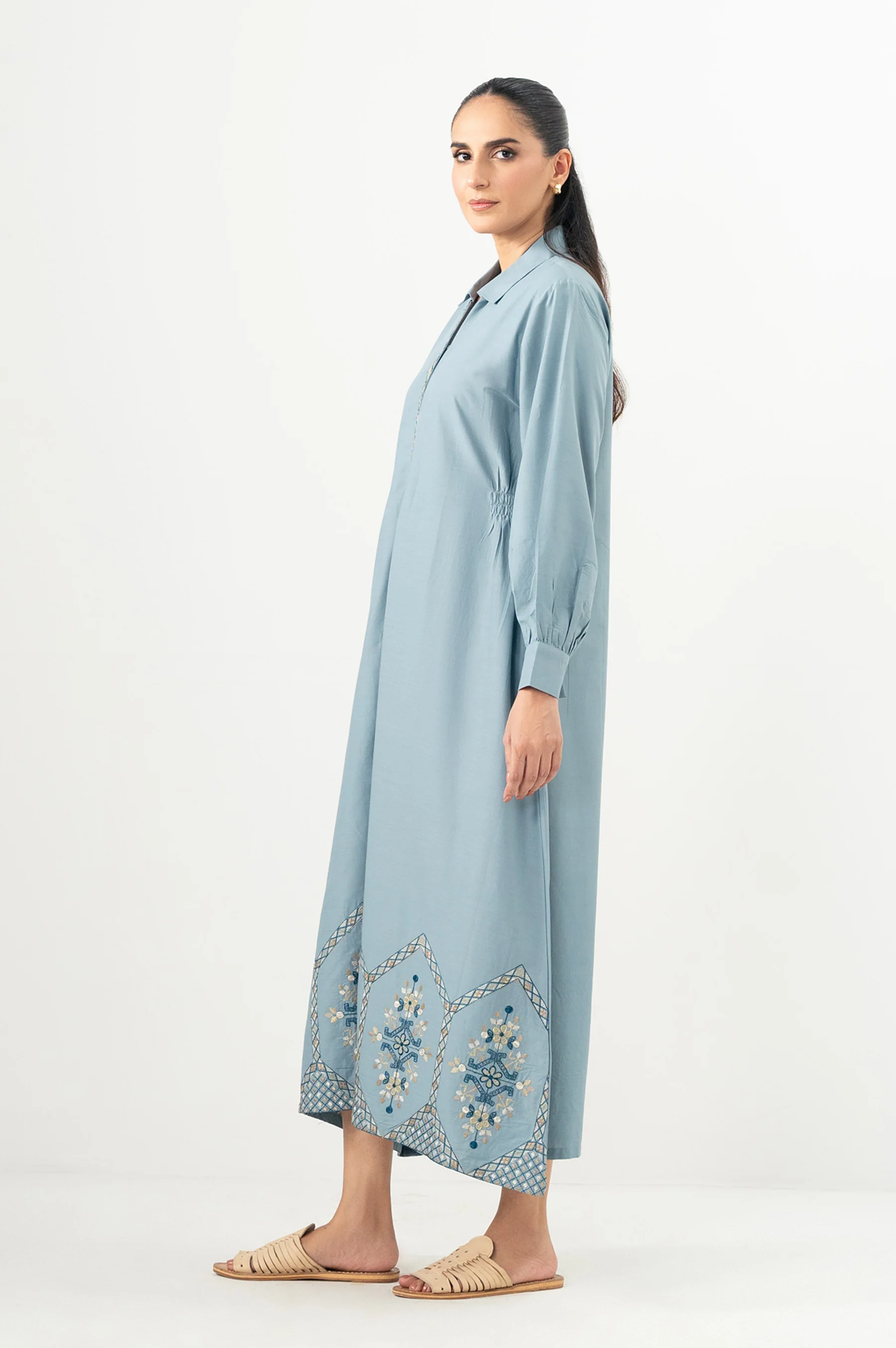 Stitched 1 Piece Embroidered Irish Cotton Viscose Long Dress - Image 3