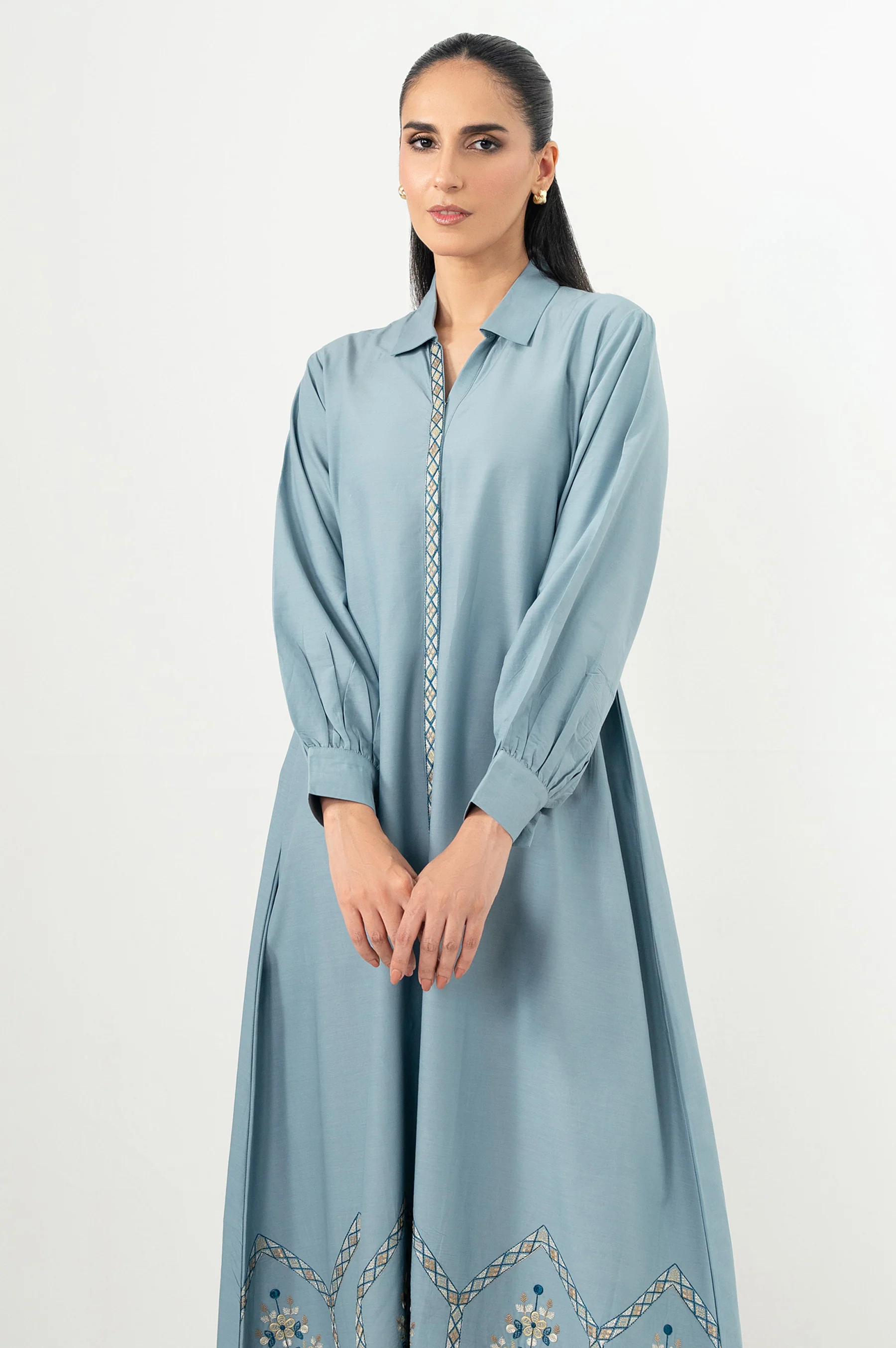 Stitched 1 Piece Embroidered Irish Cotton Viscose Long Dress - Image 4
