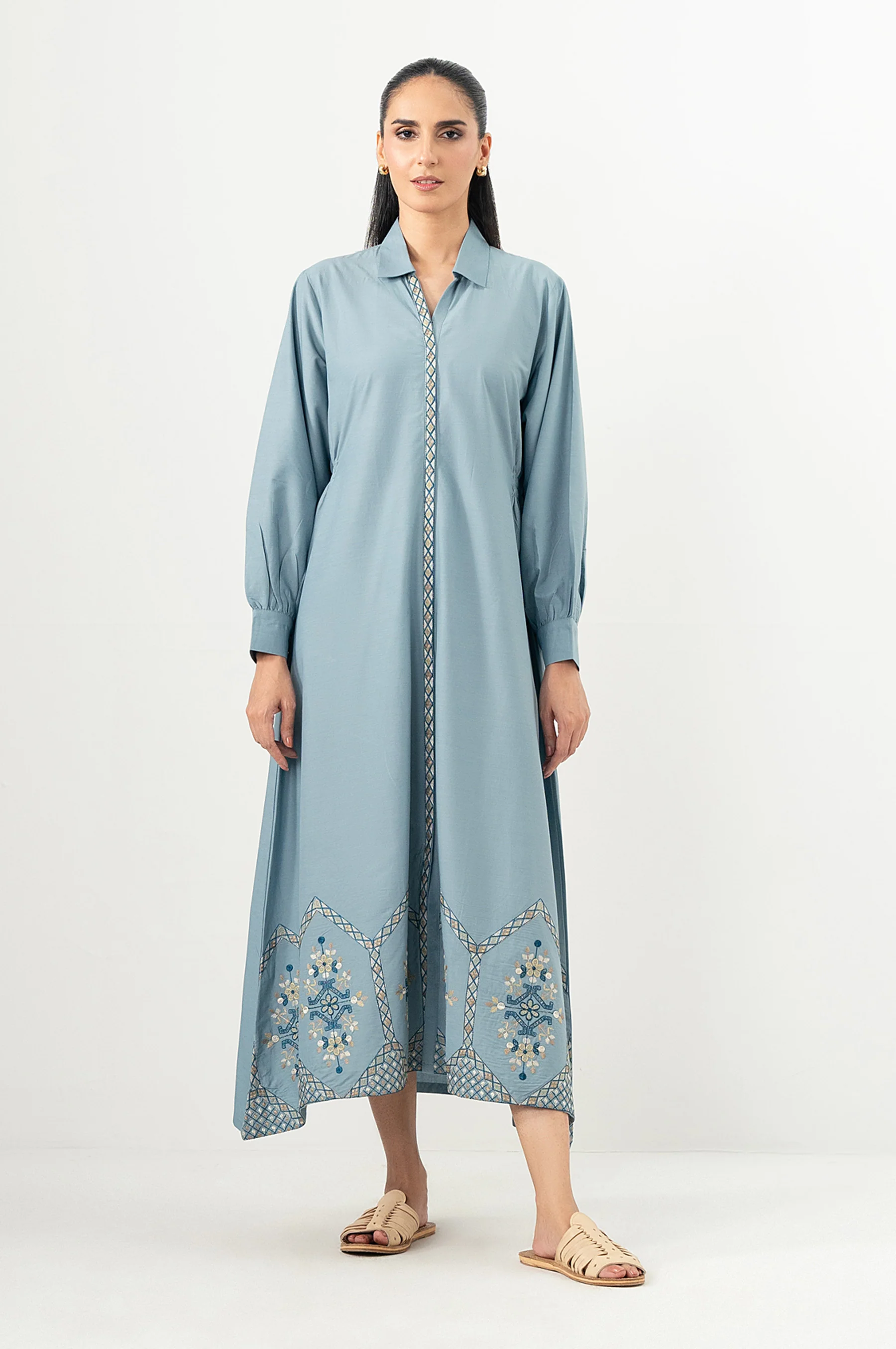 Stitched 1 Piece Embroidered Irish Cotton Viscose Long Dress - Image 6