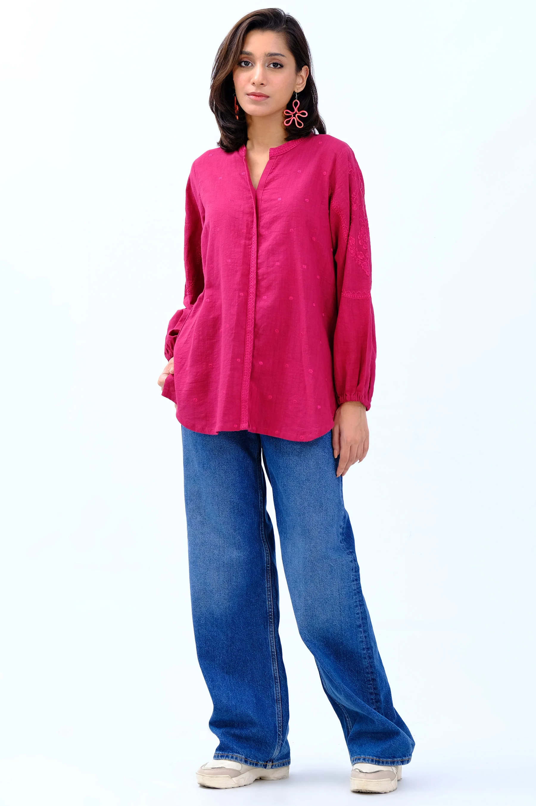 Stitched 1 Piece Embroidered Khaddar Fusion Top - Image 5