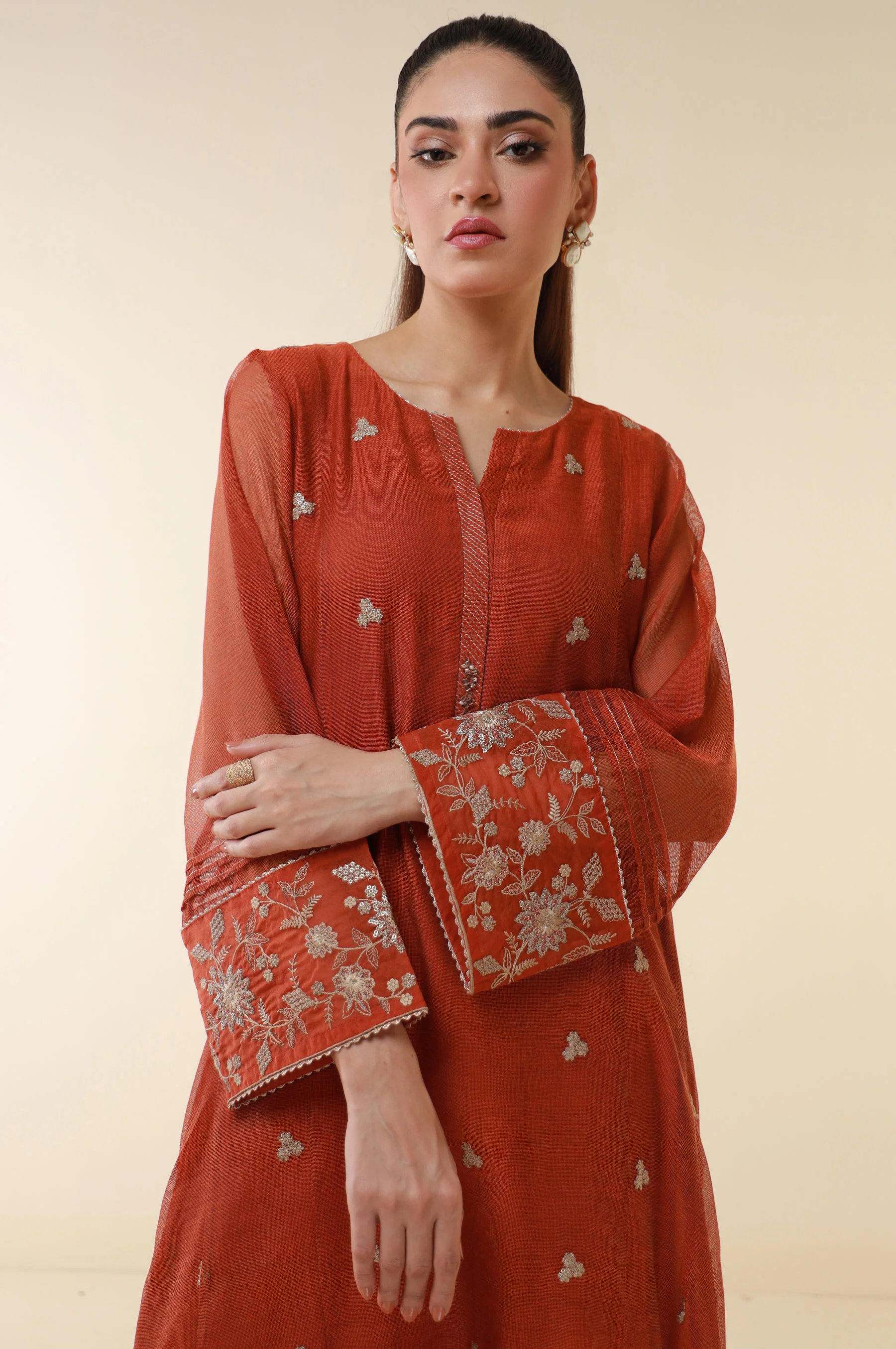 Stitched 1 Piece Embroidered Khaddi Net Shirt - Image 2