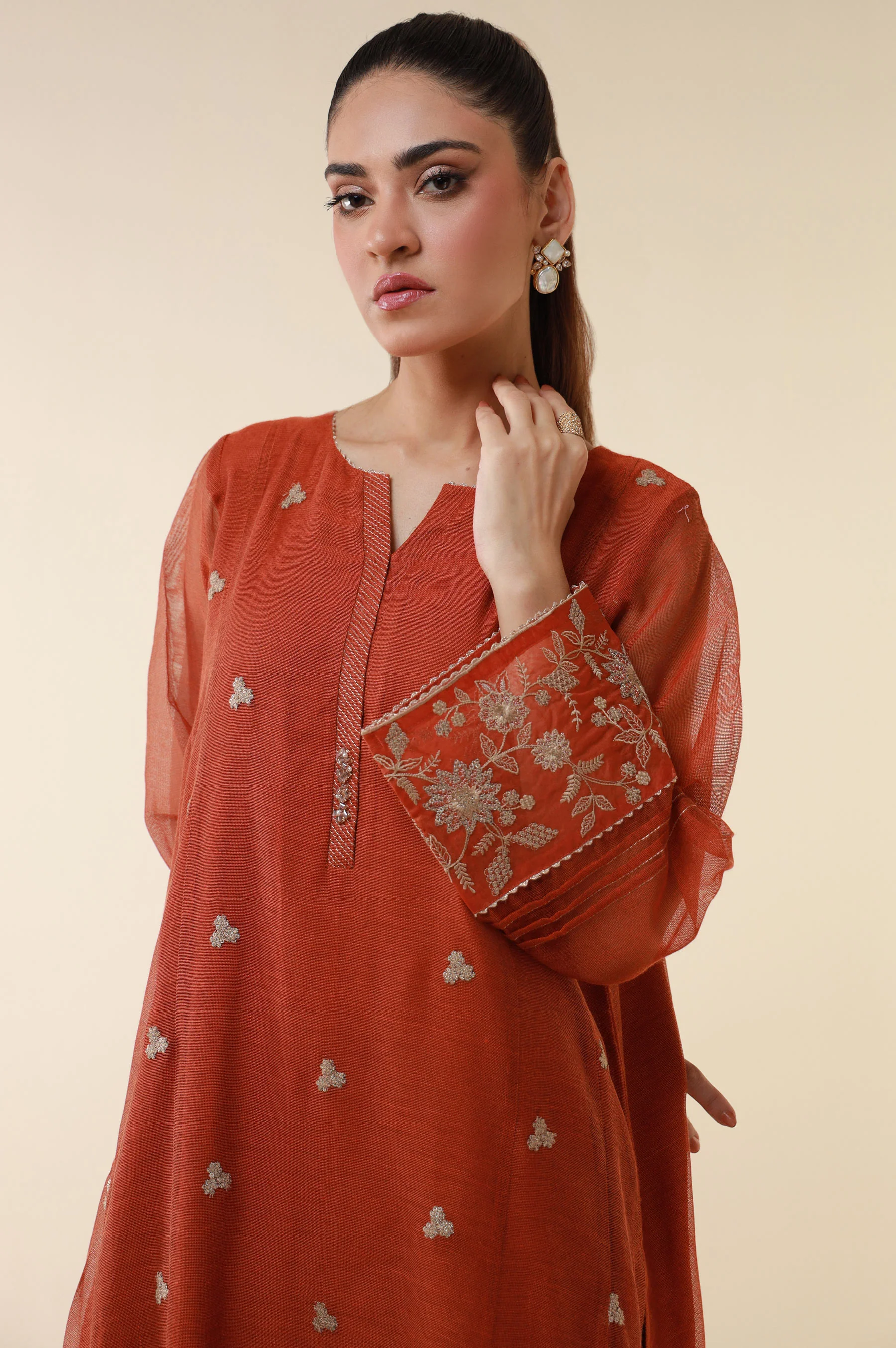 Stitched 1 Piece Embroidered Khaddi Net Shirt - Image 3