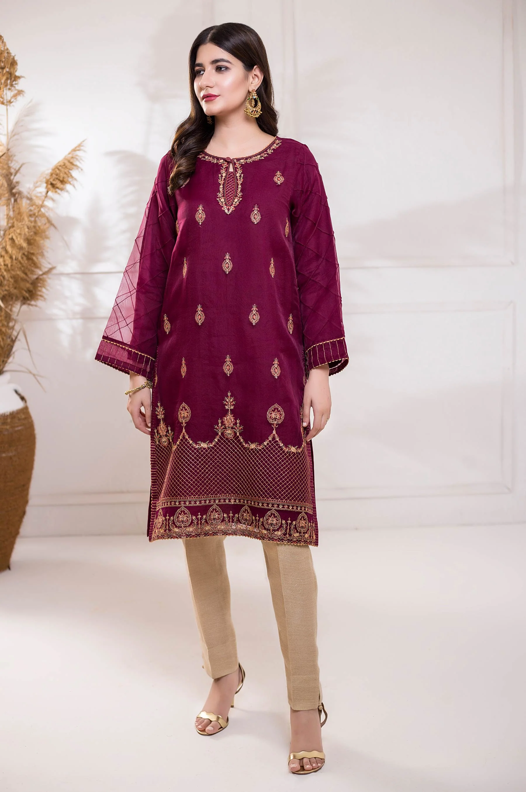 Stitched 1 Piece Embroidered Organza Shirt - Image 2