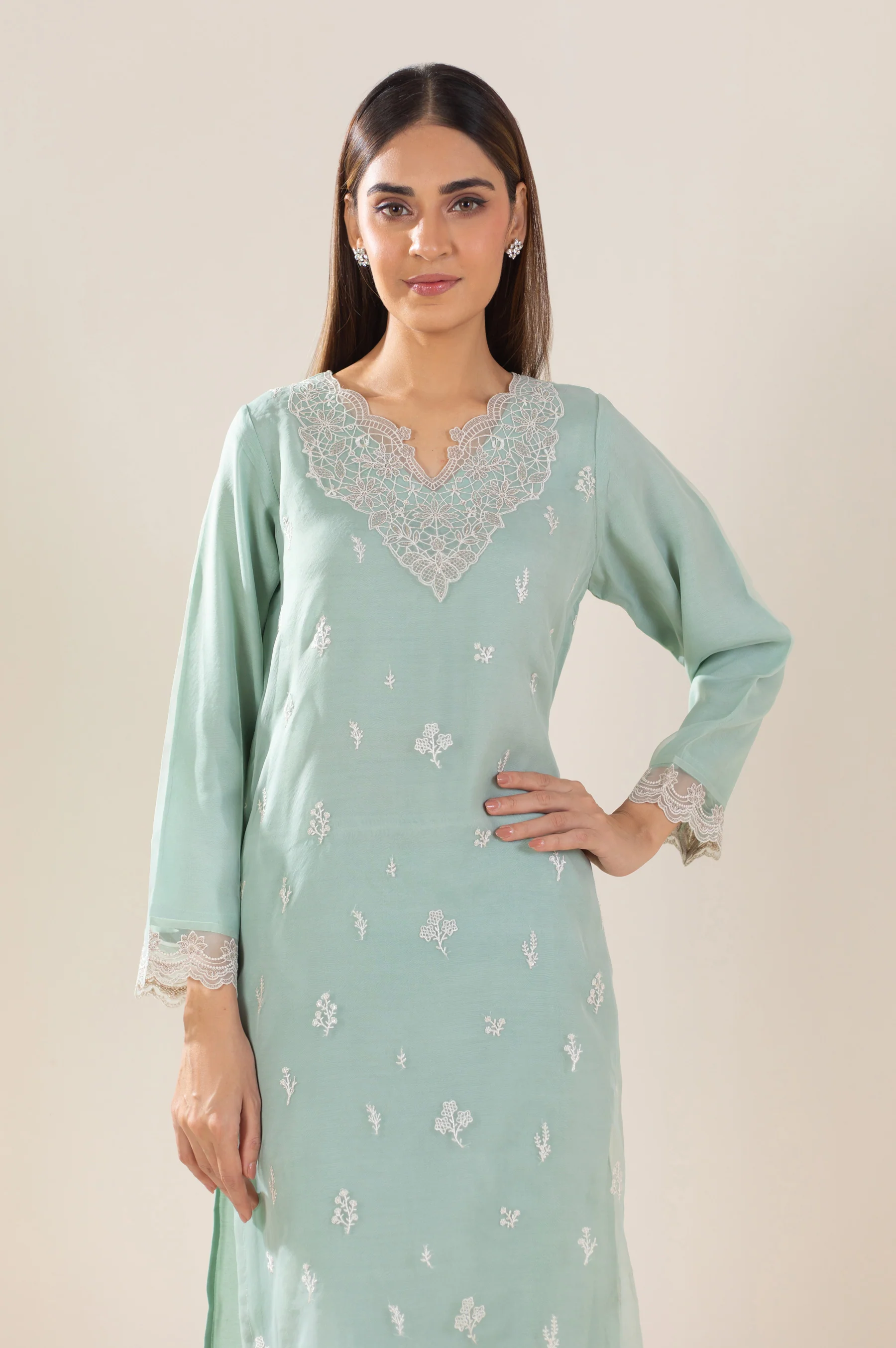 Stitched 1 Piece Embroidered Organza Shirt