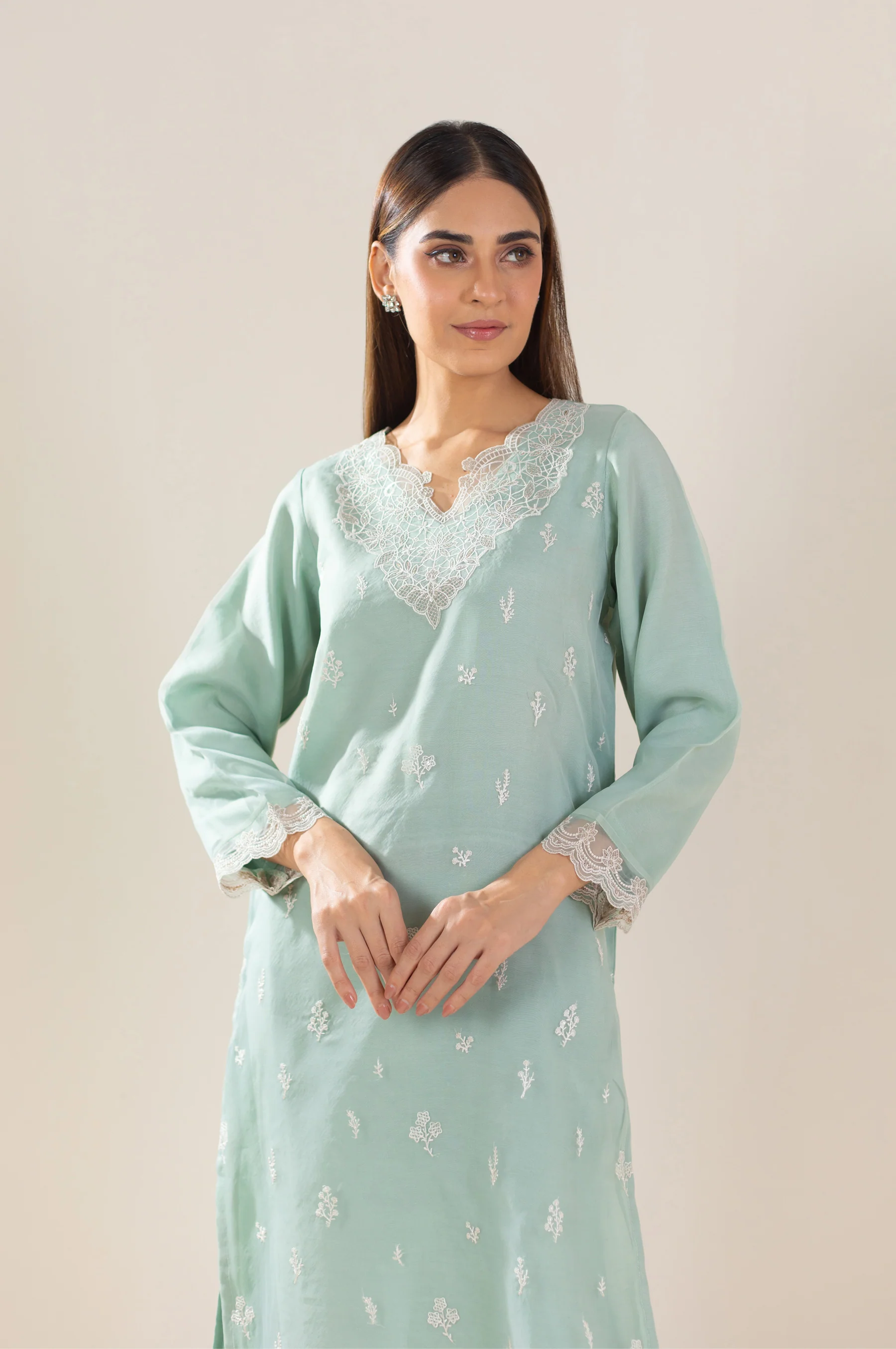 Stitched 1 Piece Embroidered Organza Shirt - Image 4