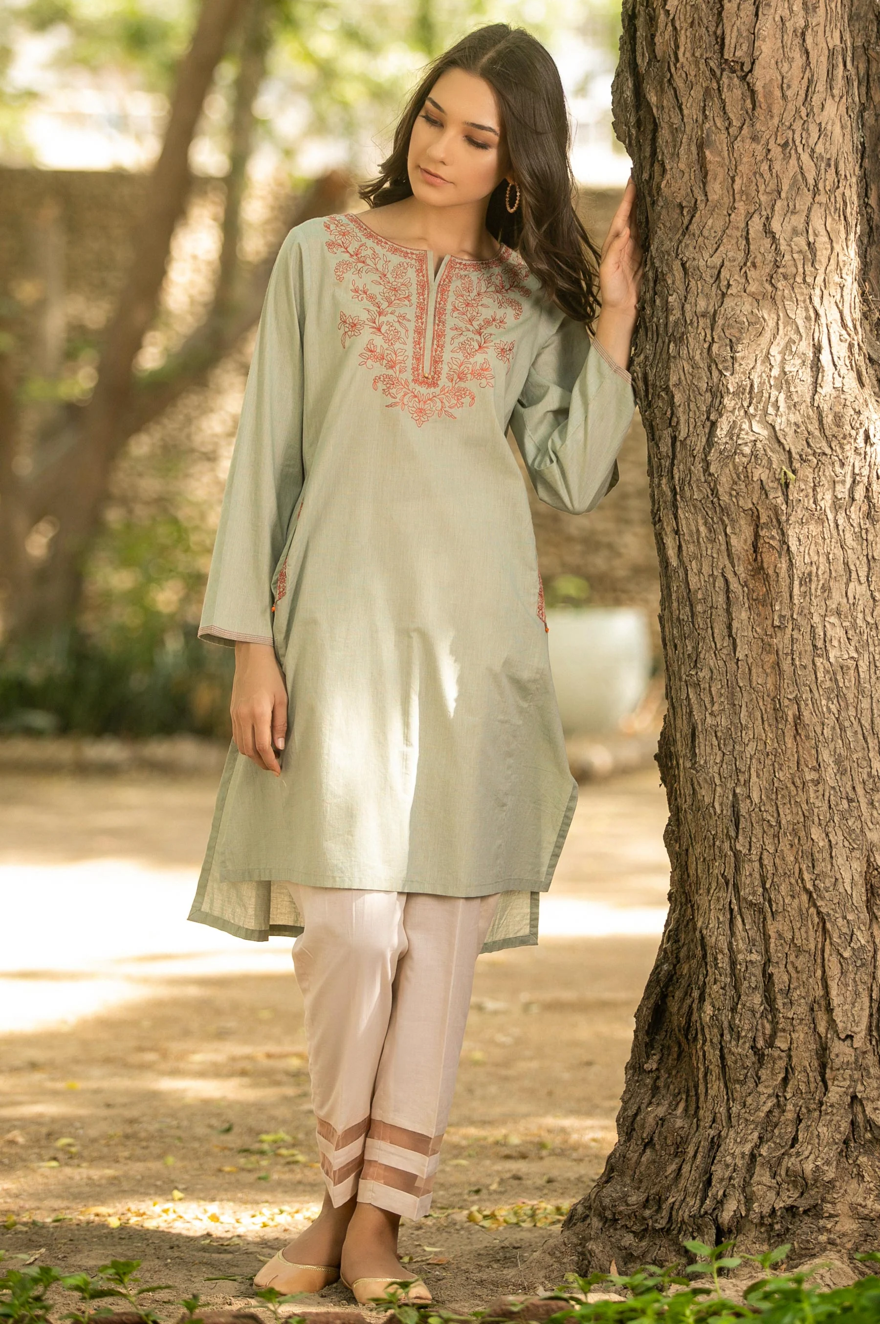 Stitched 1 Piece Embroidered Shirt - Green Moss - Image 4