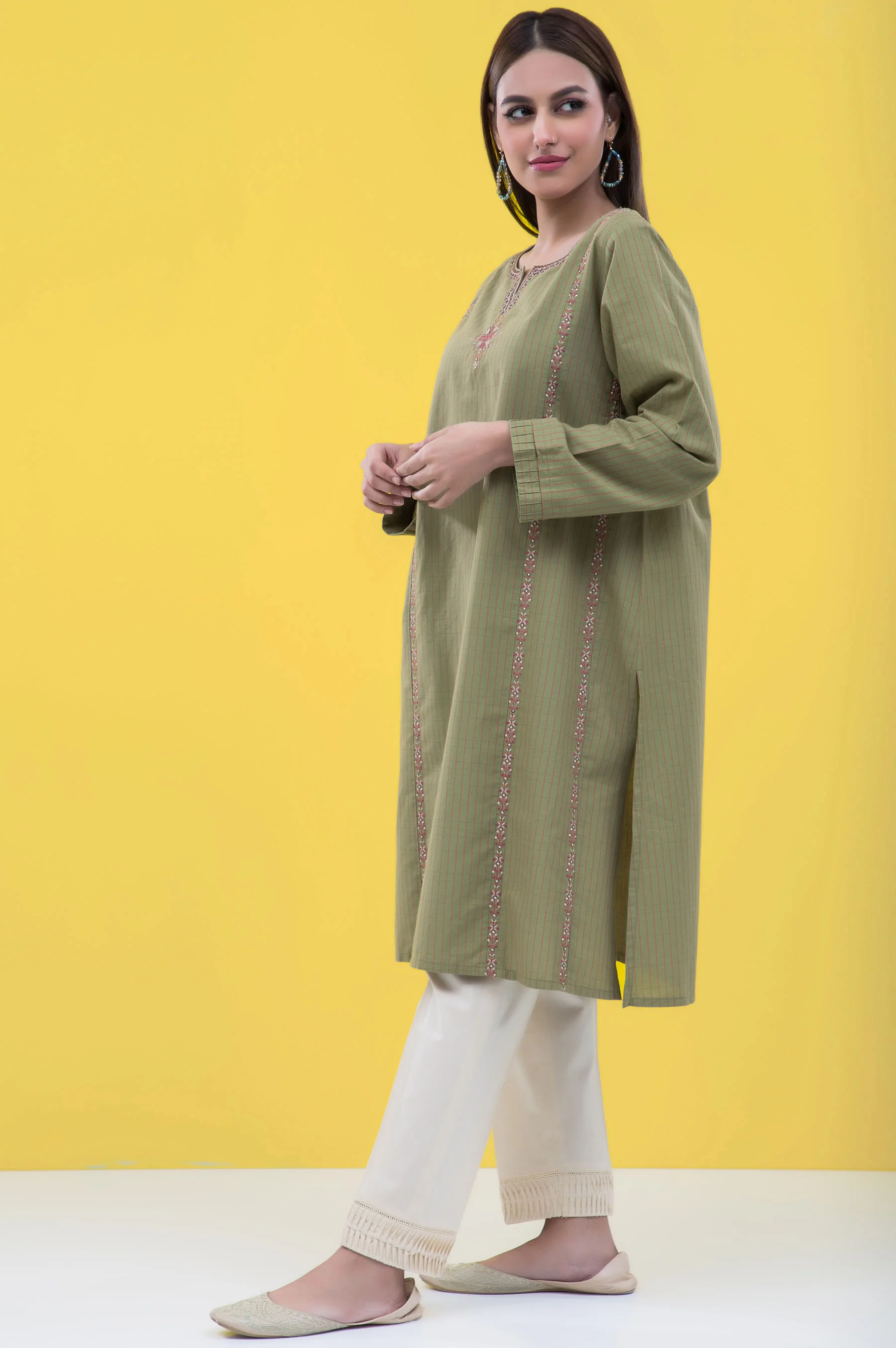 Stitched 1 Piece Embroidered Yarn Dyed Shirt - Image 3