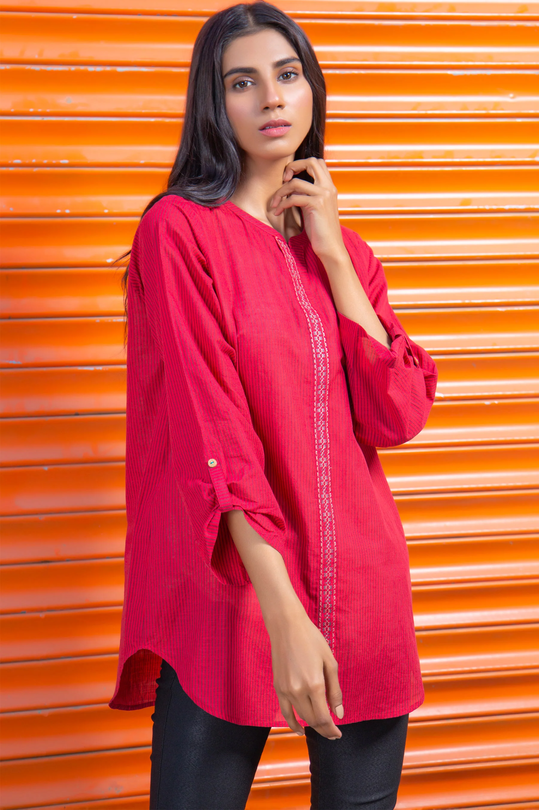 Stitched 1 Piece Embroidered Yarn Dyed Shirt - Image 3