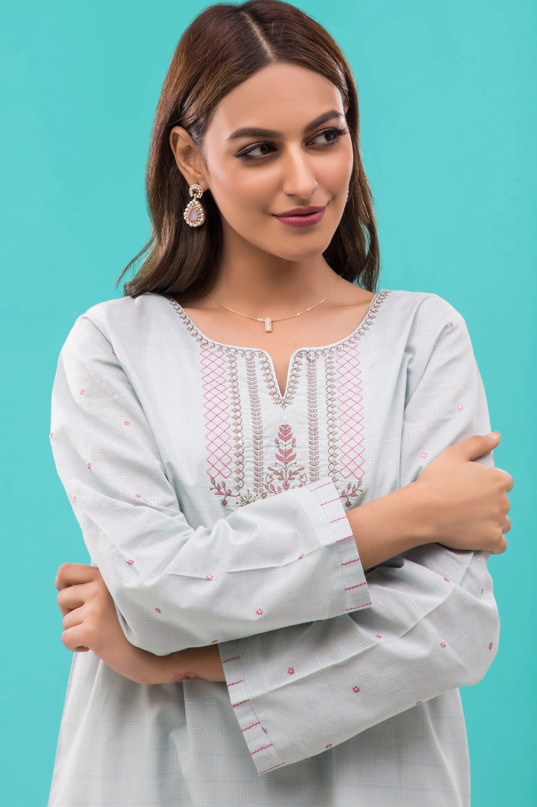 Stitched 1 Piece Embroidered Zari Lawn Shirt - Image 3