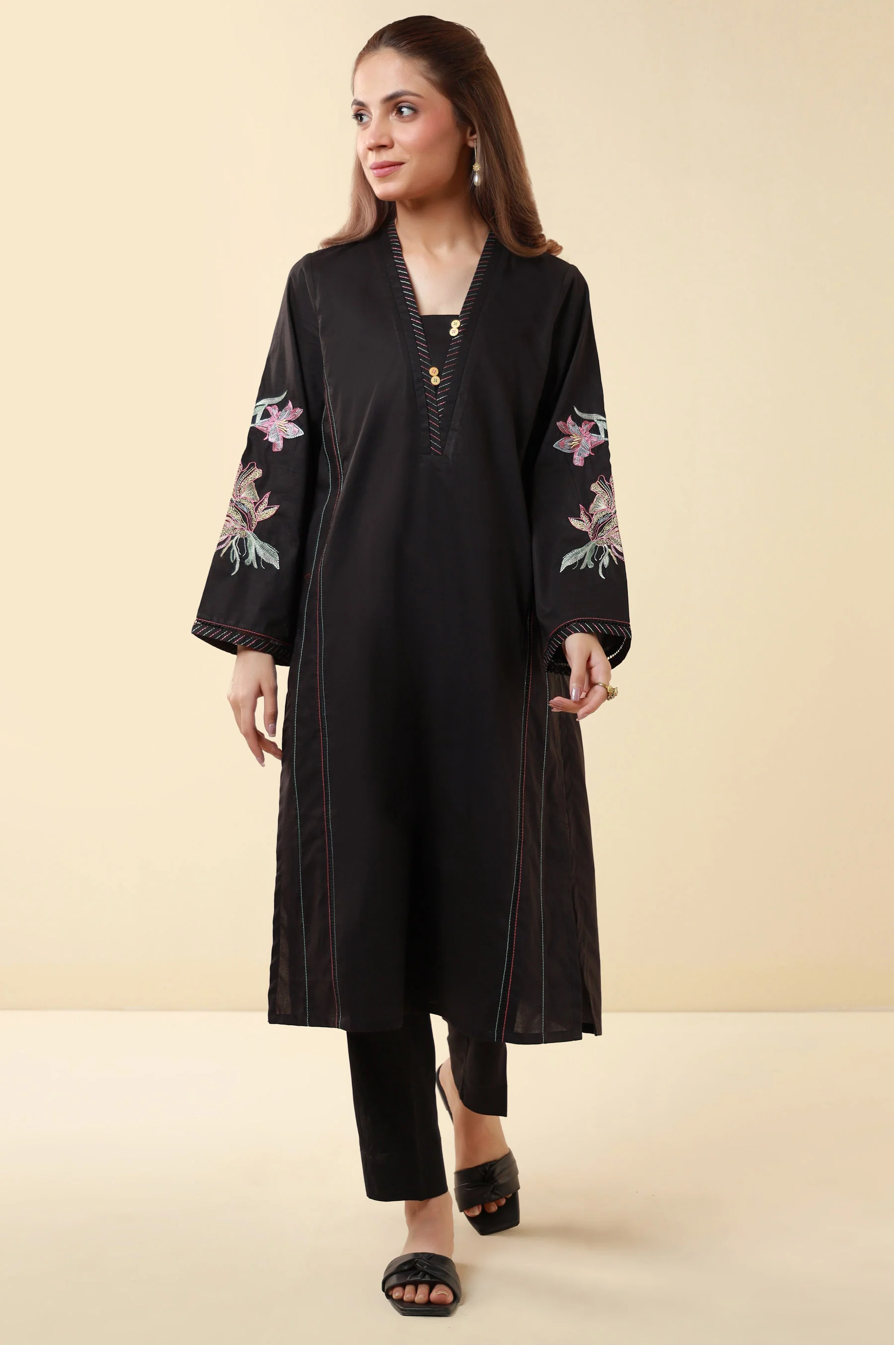 Stitched 1 Piece Embroidered Tencel Shirt - Image 2