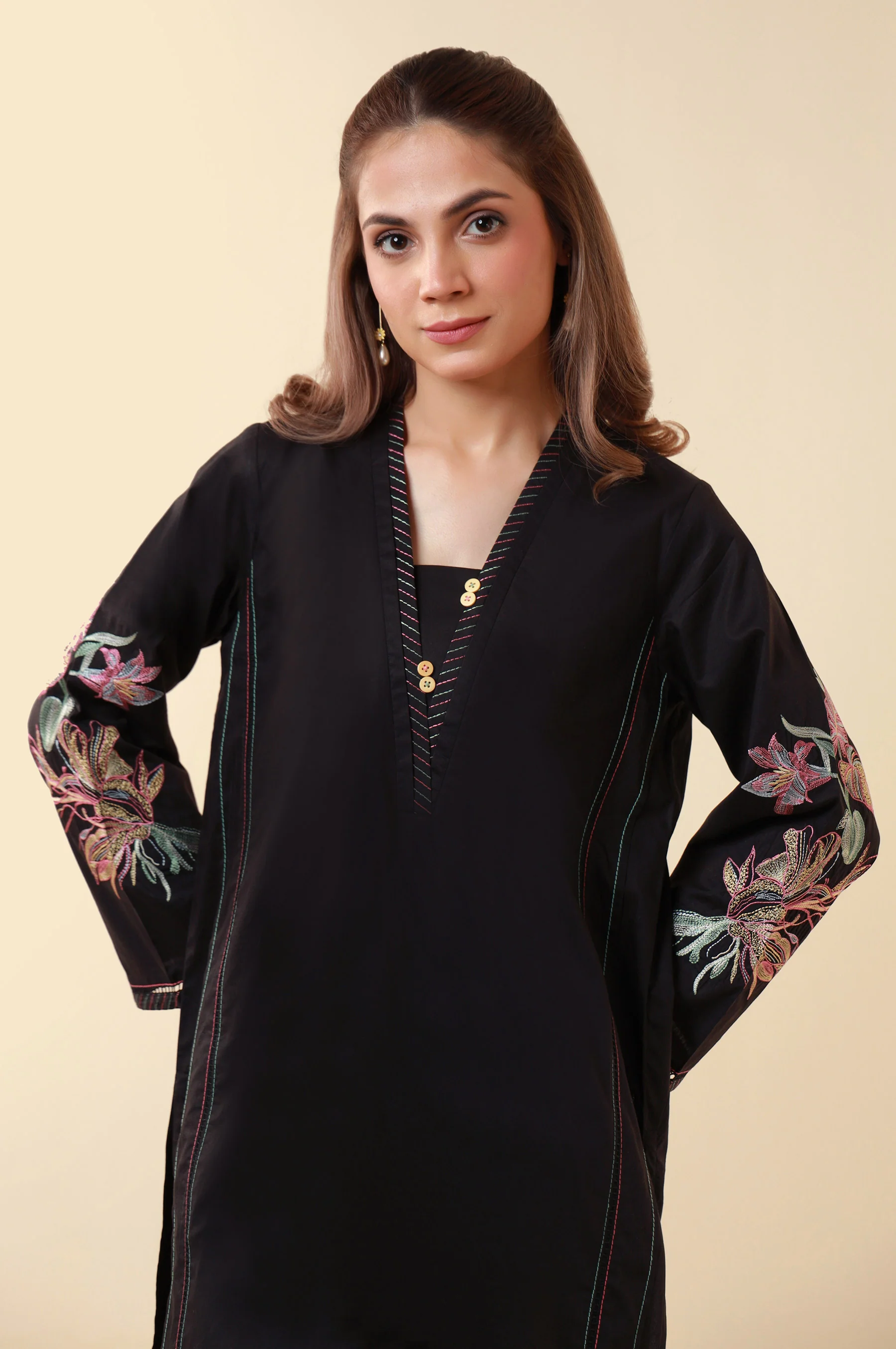 Stitched 1 Piece Embroidered Tencel Shirt - Image 4