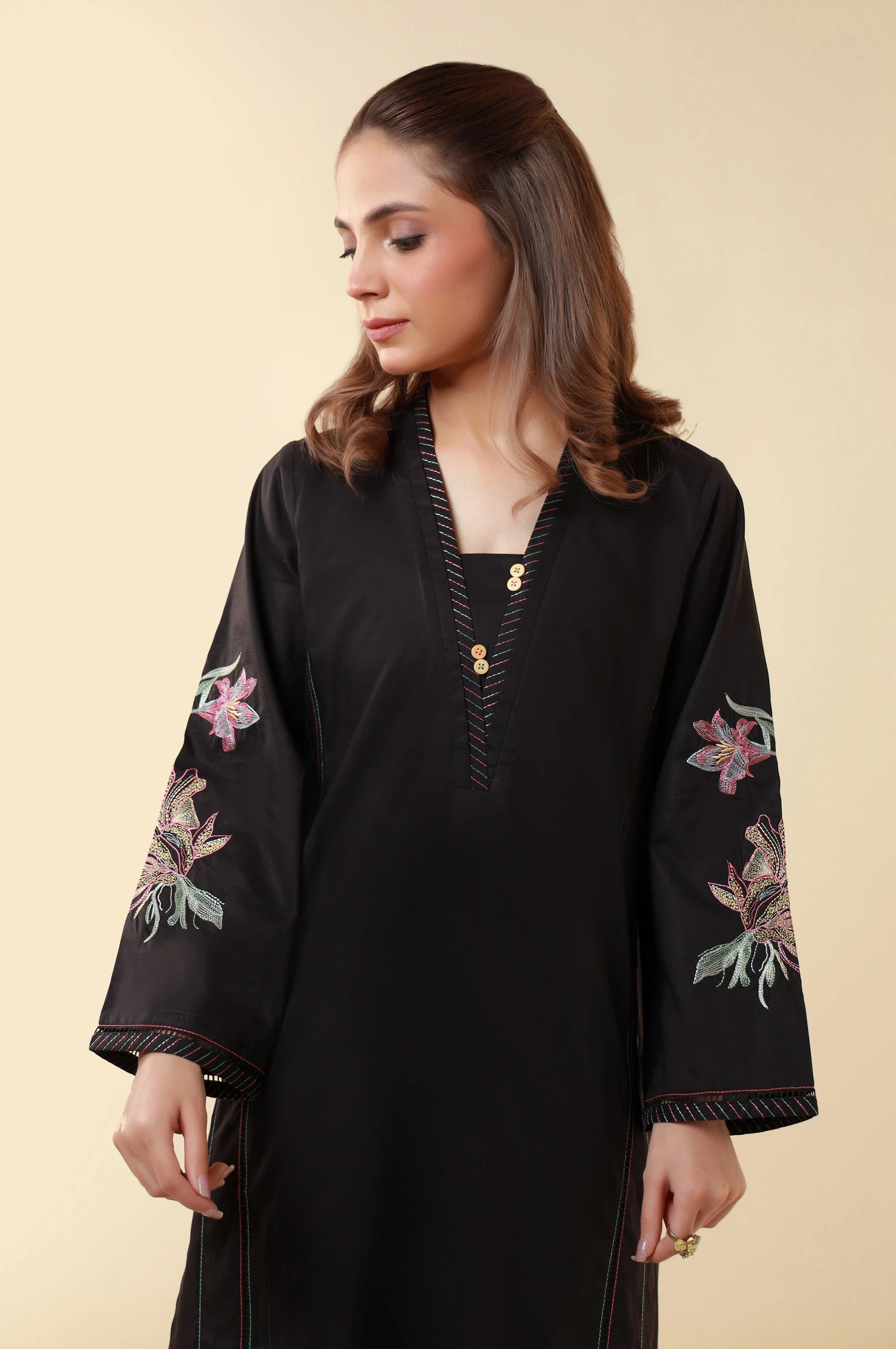 Stitched 1 Piece Embroidered Tencel Shirt - Image 5