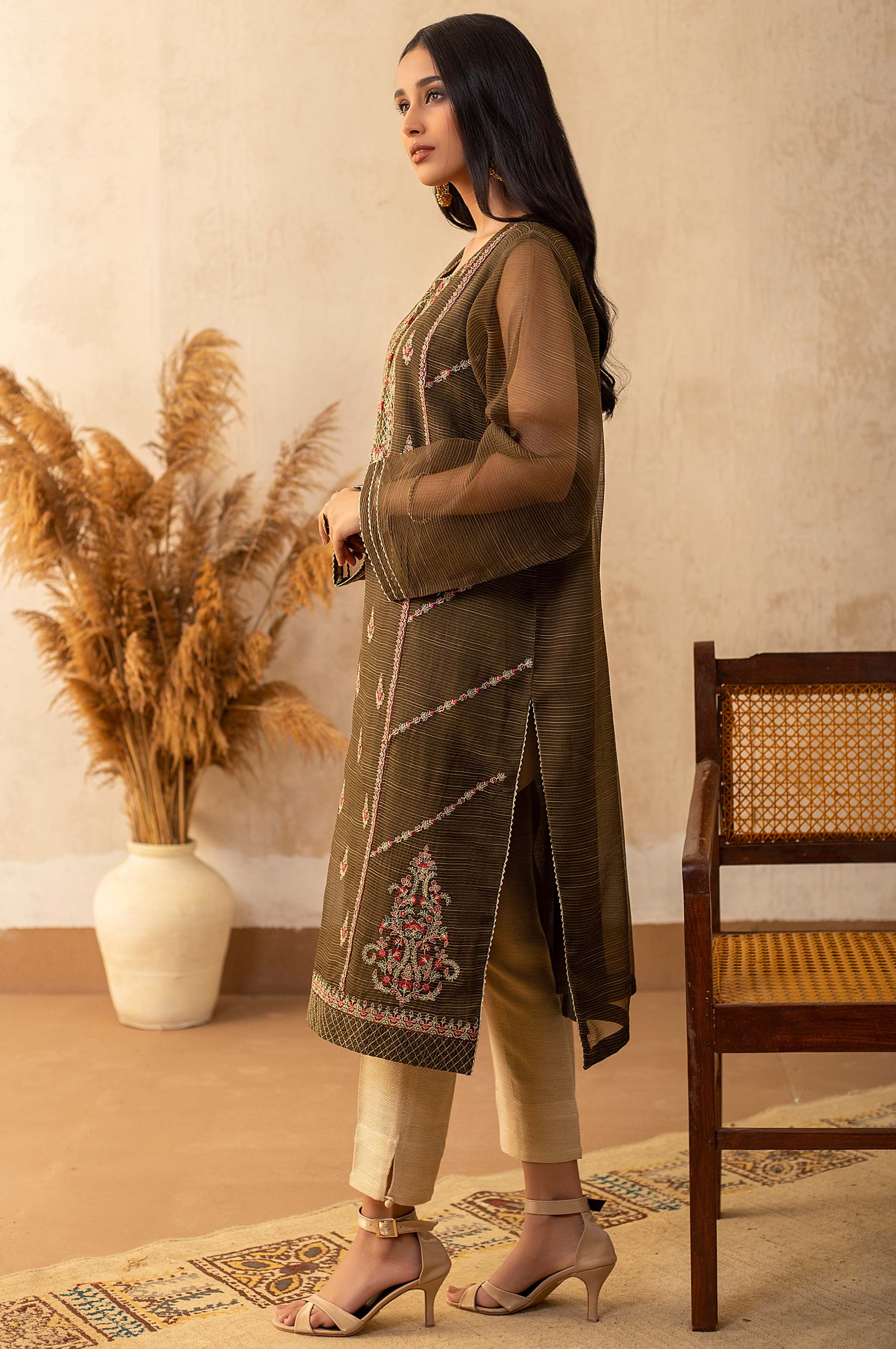 Stitched 1 Piece Textured Organza Embroidered Shirt - Image 6