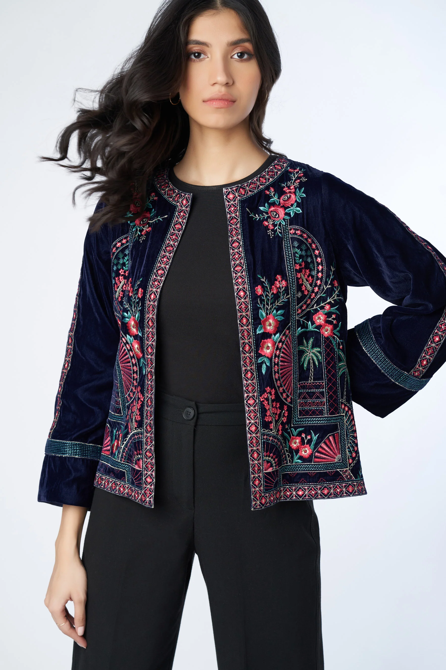 Stitched 1 Piece Embroidered Velvet Jacket - Image 3